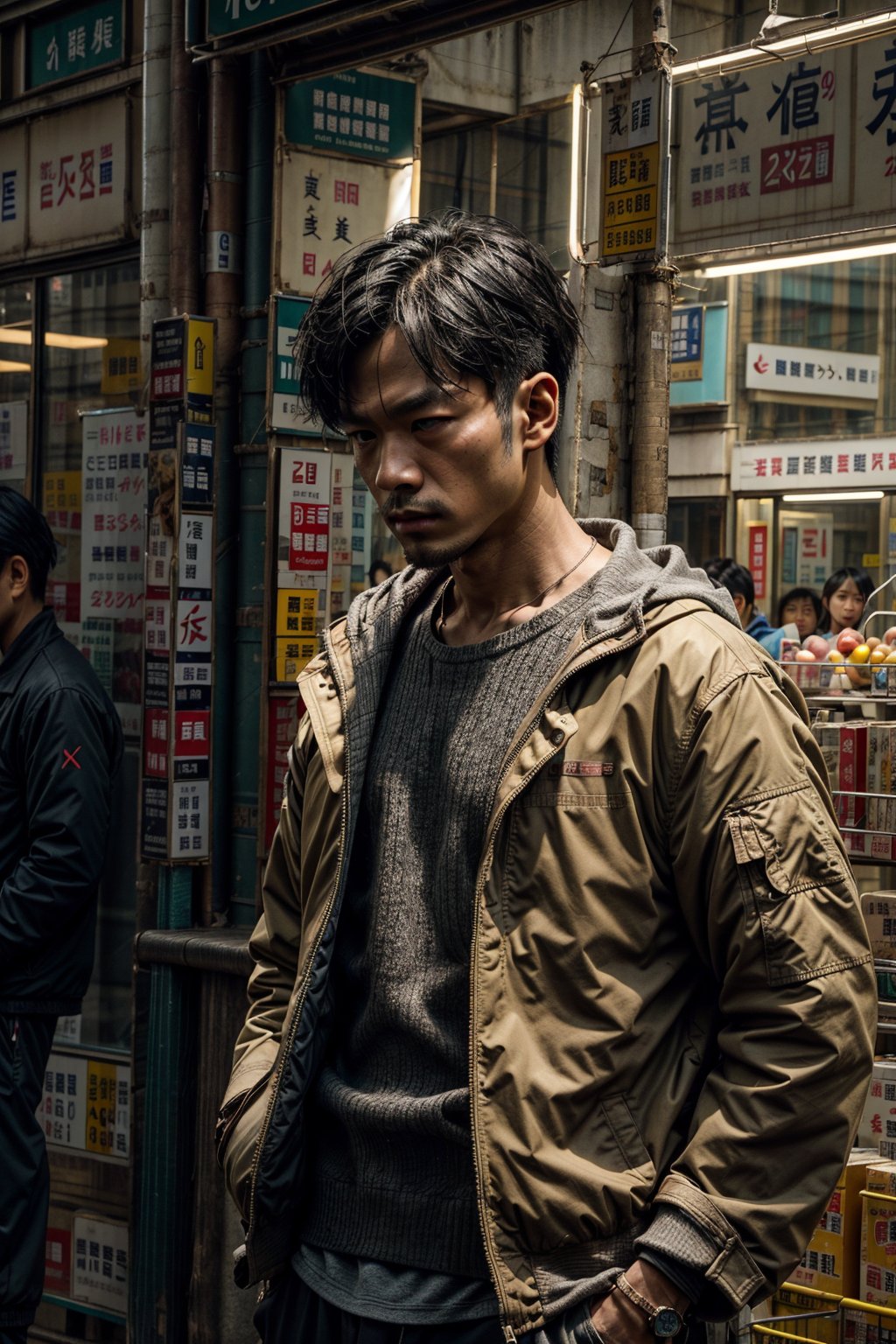 1man,((male)), ((front view)),((eyes on viewer)), man standing in the middle of a store wear jacket,((fit body)), a picture by Ni Yuanlu, pexels contest winner, photorealism, still from a live action movie, in style of kar wai wong, a still of kowloon, movie still 8 k, japanese live-action movie, cinematic. by leng jun, 8 k movie still