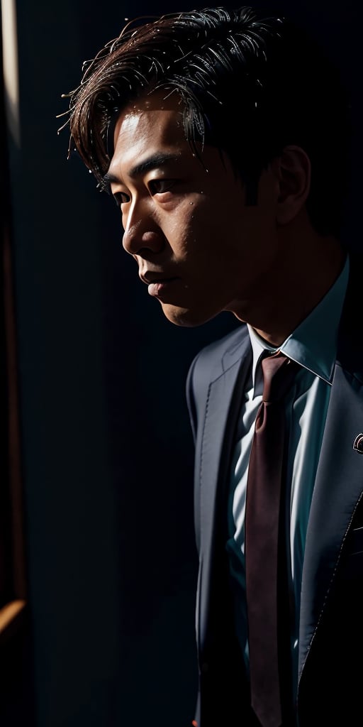 asian man in a suit and tie posing for a picture, short wavy hair, dark suit jacket, light-colored dress shirt, standing pose, looking slightly to the side, smooth skin, indoor environment, dark background with focused lighting, dramatic shadows, formal atmosphere, close-up shot, front view, deep depth of field, well-balanced exposure, no motion blur., cinematic headshot portrait, mid shot portrait, masahiro ito, well lit professional photo,dimly lit environment.