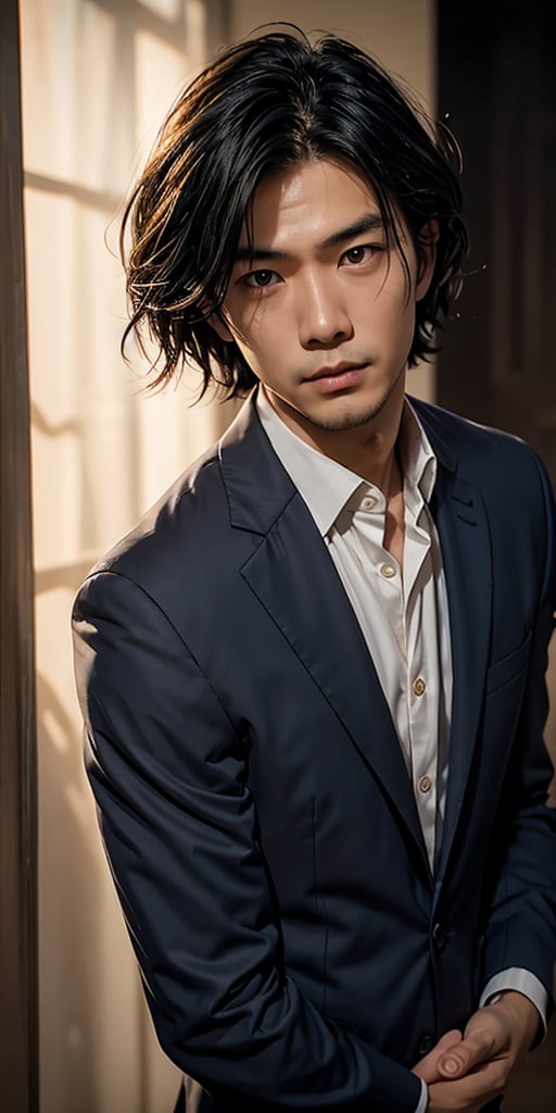 asian man in a suit and tie posing for a picture, short wavy hair, dark suit jacket, light-colored dress shirt, standing pose, looking slightly to the side, smooth skin, indoor environment, dark background with focused lighting, dramatic shadows, formal atmosphere, close-up shot, front view, deep depth of field, well-balanced exposure, no motion blur., cinematic headshot portrait, mid shot portrait, masahiro ito, well lit professional photo,dimly lit environment.