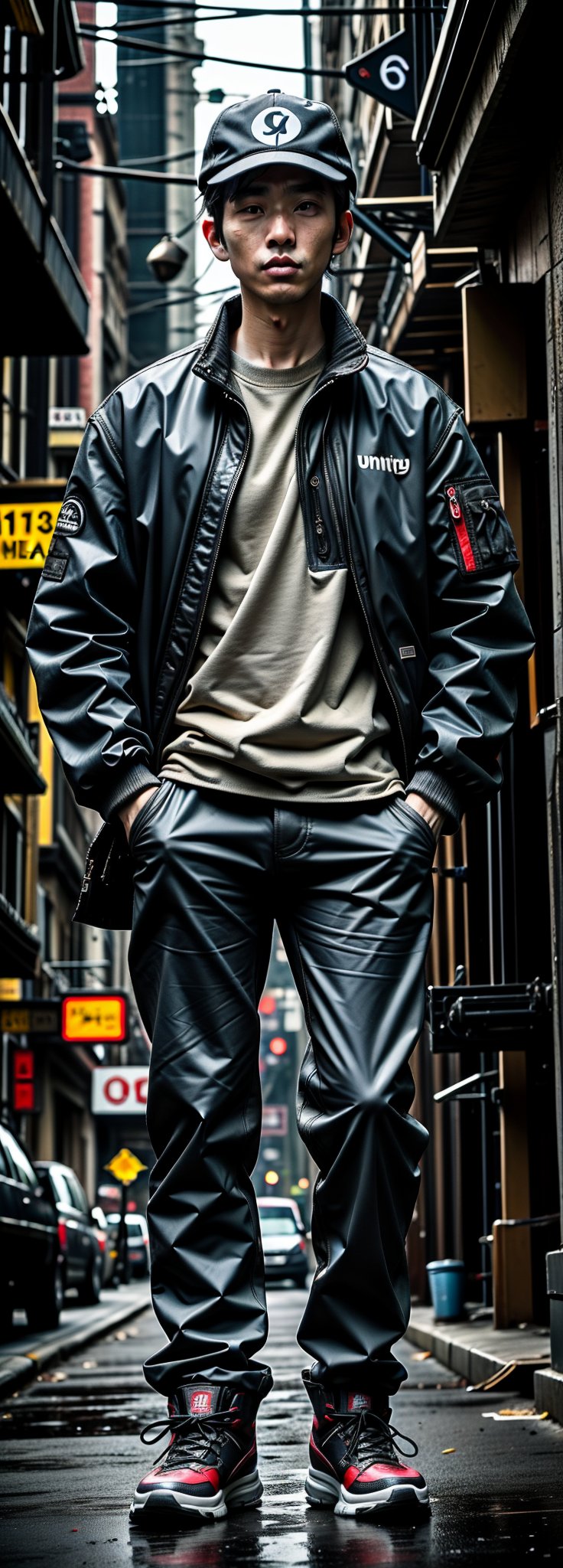  asian man in a black jacket standing in a dark city, digital art inspired by roger deakins, unsplash, digital art, cinematic full body shot, moody cinematic lighting, cinematic outfit photo, cinematic moody lighting, gloomy cinematic lighting, cinematic contrasted lighting, cinematic dark lighting, standing in a city street, cinematic front shot, cinematic gritty lighting, hat, caps,