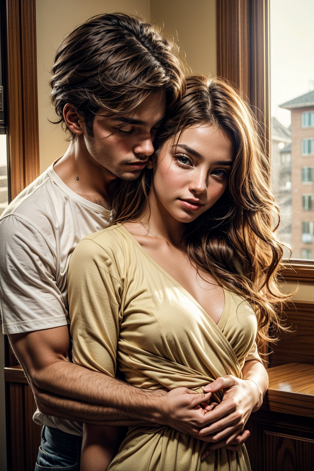 A tender moment captured in a front-facing shot. A man's arms wrap around a woman's torso from behind, his face leaning into her shoulder as he holds her close. Her eyes meet the viewer's, filled with warmth and affection. The soft focus of their bodies creates a sense of intimacy, while the clarity of their faces invites us to share in this loving moment.,photorealistic