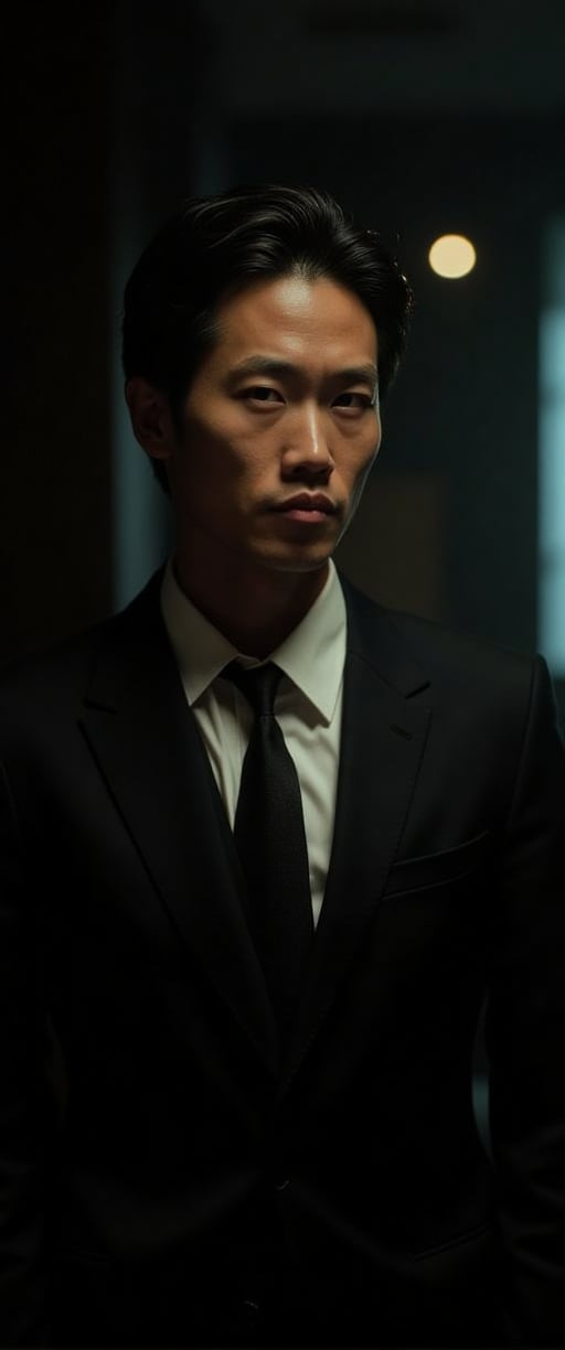 asian man in a suit and tie posing for a picture, short wavy hair, dark suit jacket, light-colored dress shirt, standing pose, looking slightly to the side, smooth skin, indoor environment, dark background with focused lighting, dramatic shadows, formal atmosphere, close-up shot, front view, deep depth of field, well-balanced exposure, no motion blur., cinematic headshot portrait, mid shot portrait, masahiro ito, well lit professional photo,dimly lit environment.