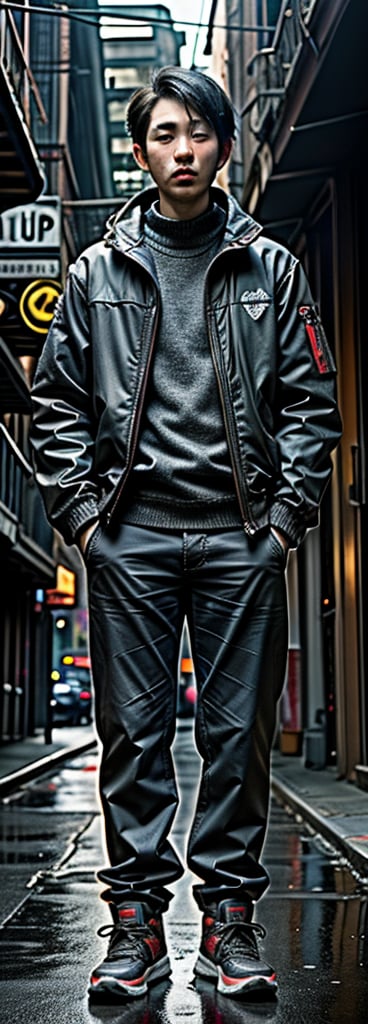  asian man in a black jacket standing in a dark city, digital art inspired by roger deakins, unsplash, digital art, cinematic full body shot, moody cinematic lighting, cinematic outfit photo, cinematic moody lighting, gloomy cinematic lighting, cinematic contrasted lighting, cinematic dark lighting, standing in a city street, cinematic front shot, cinematic gritty lighting