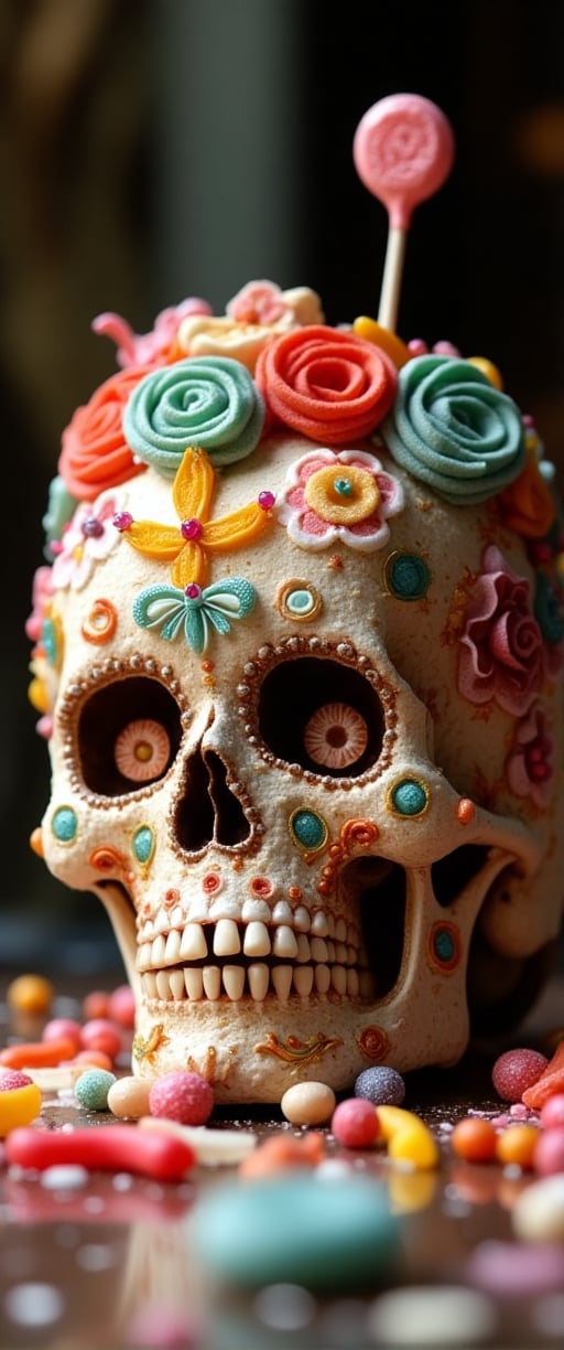 A whimsical still life setup features a sugar-coated skull with a lollipop crown and gumdrop jewelry. The skull's shape is adorned with colorful candies, like gummy worms and sour candies, arranged in a playful pattern. Soft focus lighting casts a warm glow on the sweet treats.