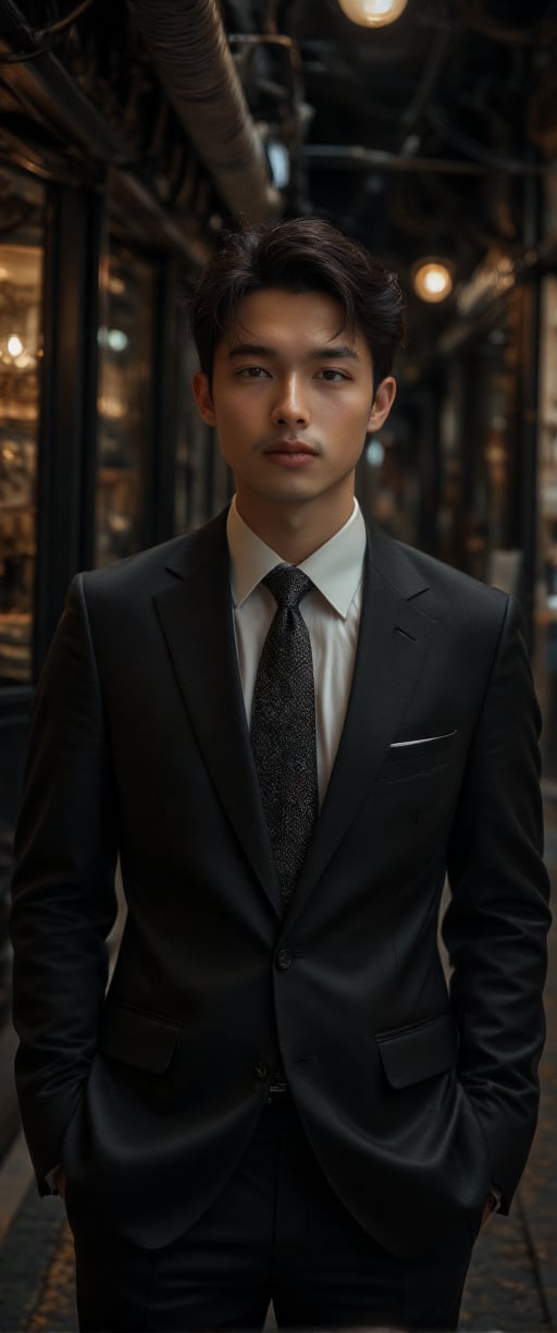 asian man in a suit and tie posing for a picture, short wavy hair, dark suit jacket, light-colored dress shirt, standing pose, looking slightly to the side, smooth skin, indoor environment, dark background with focused lighting, dramatic shadows, formal atmosphere, close-up shot, front view, deep depth of field, well-balanced exposure, no motion blur., cinematic headshot portrait, mid shot portrait, masahiro ito, well lit professional photo,dimly lit environment.