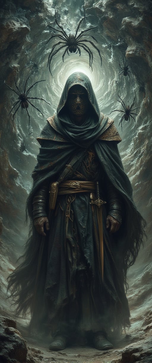 A majestic figure stands, shrouded in mystery, as a Middle Eastern-style hooded cloak envelops his regal presence. A cloth mask adorns his face, its intricate patterns weaving together to create an air of enigmatic calm. At his hip, a glinting dagger hints at the secrets he holds within. His stance is commanding, yet ethereal, as if his feet are buoyed by an unseen force, defying gravity's grasp. In this mystical realm, he summons forth a swirling vortex of colossal spiders, their eight-legged forms coalescing into a mesmerizing whirlwind.