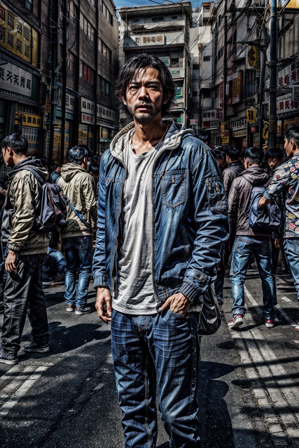 1man,((male)),looking at viewer, short hair, shirt, black hair, long sleeves, closed mouth, standing, jacket, male focus, outdoors, multiple boys, open clothes, pants, hood, 2boys, open jacket, black shirt, black pants, denim, box, jeans, realistic, hands in pockets, shop, a picture by Ni Yuanlu, pexels contest winner, photorealism, still from a live action movie, in style of kar wai wong, a still of kowloon, movie still 8 k, japanese live-action movie, cinematic. by leng jun, 8 k movie still,TR mecha style,sunplaza, shop, realistic