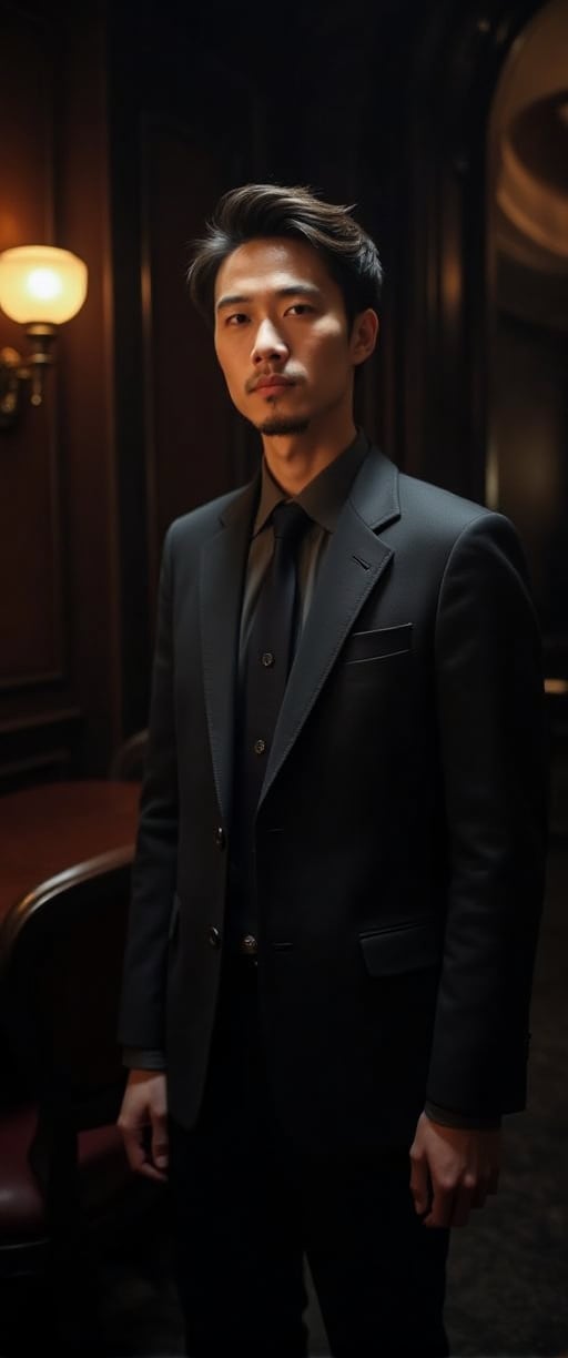 asian man in a suit and tie posing for a picture, short wavy hair, dark suit jacket, light-colored dress shirt, standing pose, looking slightly to the side, smooth skin, indoor environment, dark background with focused lighting, dramatic shadows, formal atmosphere, close-up shot, front view, deep depth of field, well-balanced exposure, no motion blur., cinematic headshot portrait, mid shot portrait, masahiro ito, well lit professional photo,dimly lit environment.