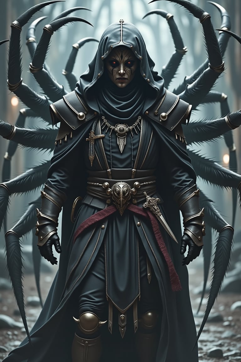 A majestic figure stands, shrouded in mystery, as a Middle Eastern-style hooded cloak envelops his regal presence. A cloth mask adorns his face, its intricate patterns weaving together to create an air of enigmatic calm. At his hip, a glinting dagger hints at the secrets he holds within. His stance is commanding, yet ethereal, as if his feet are buoyed by an unseen force, defying gravity's grasp. In this mystical realm, he summons forth a swirling vortex of colossal spiders, their eight-legged forms coalescing into a mesmerizing whirlwind.