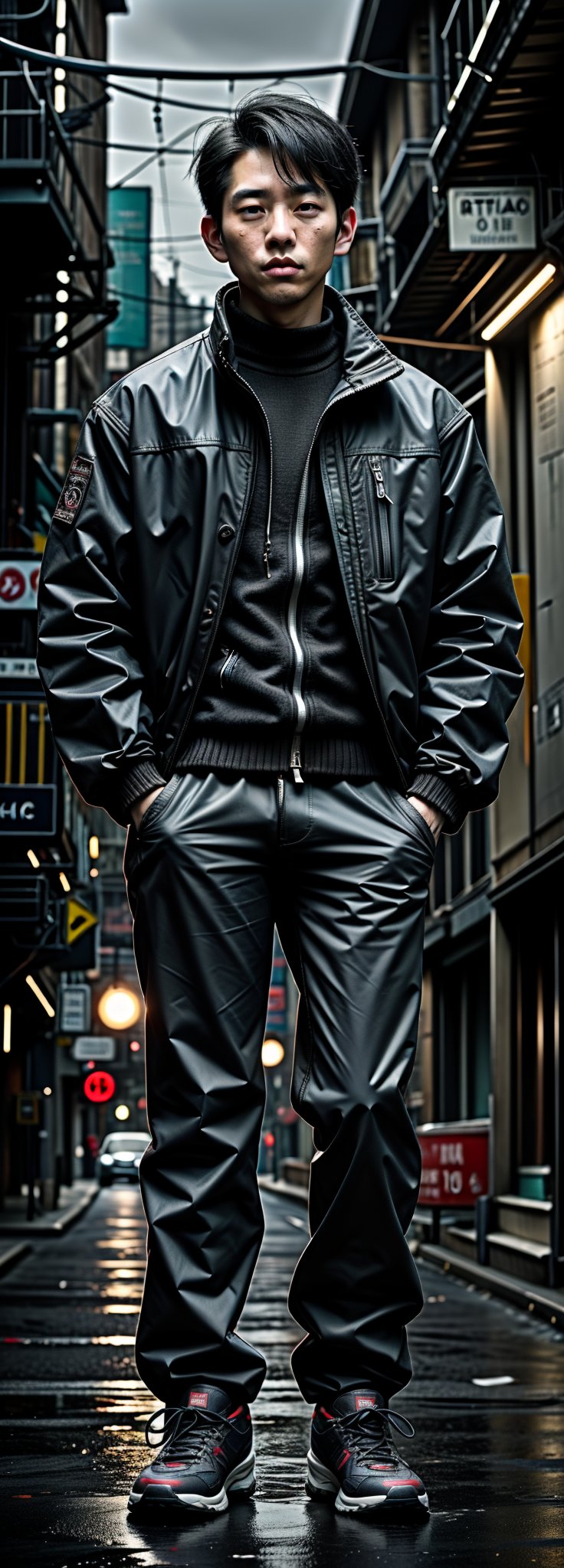  asian man in a black jacket standing in a dark city, digital art inspired by roger deakins, unsplash, digital art, cinematic full body shot, moody cinematic lighting, cinematic outfit photo, cinematic moody lighting, gloomy cinematic lighting, cinematic contrasted lighting, cinematic dark lighting, standing in a city street, cinematic front shot, cinematic gritty lighting