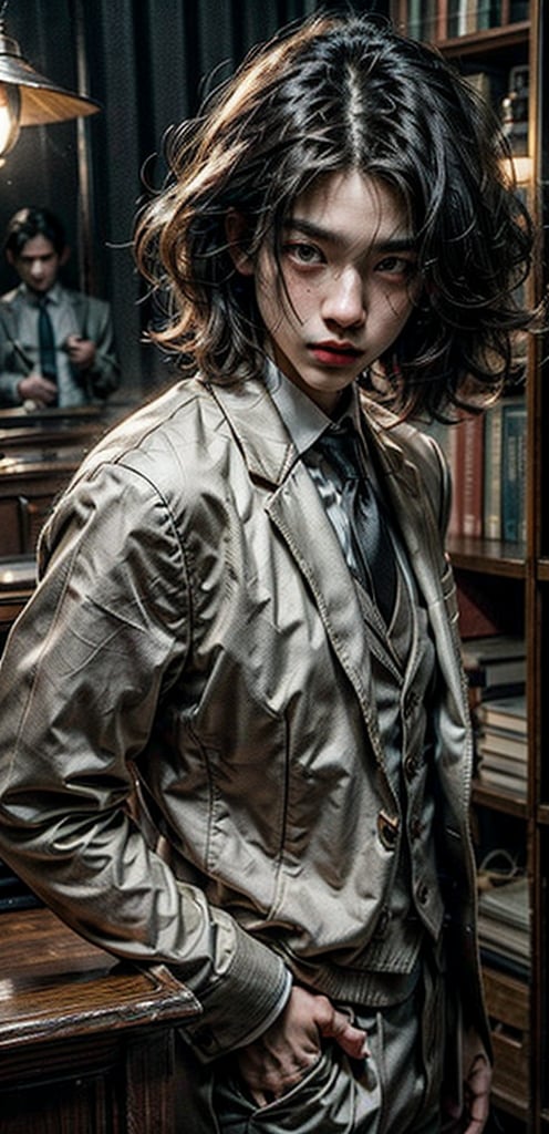 asian man in a suit and tie posing for a picture, short wavy hair, dark suit jacket, light-colored dress shirt, standing pose, looking slightly to the side, smooth skin, indoor environment, dark background with focused lighting, dramatic shadows, formal atmosphere, close-up shot, front view, deep depth of field, well-balanced exposure, no motion blur., cinematic headshot portrait, mid shot portrait, masahiro ito, well lit professional photo,dimly lit environment.