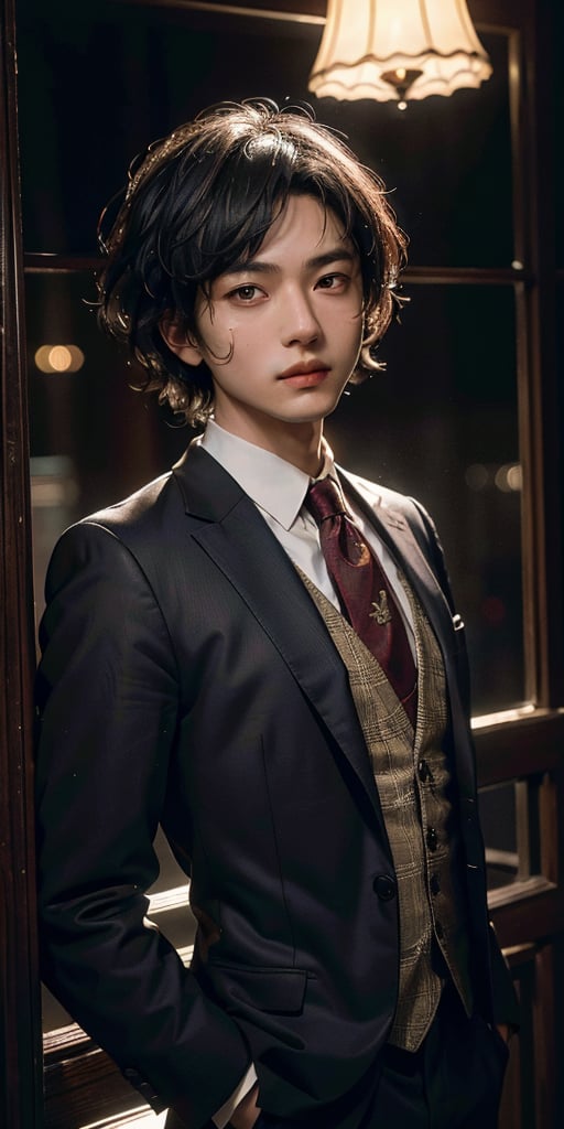 asian man in a suit and tie posing for a picture, short wavy hair, dark suit jacket, light-colored dress shirt, standing pose, looking slightly to the side, smooth skin, indoor environment, dark background with focused lighting, dramatic shadows, formal atmosphere, close-up shot, front view, deep depth of field, well-balanced exposure, no motion blur., cinematic headshot portrait, mid shot portrait, masahiro ito, well lit professional photo,dimly lit environment.