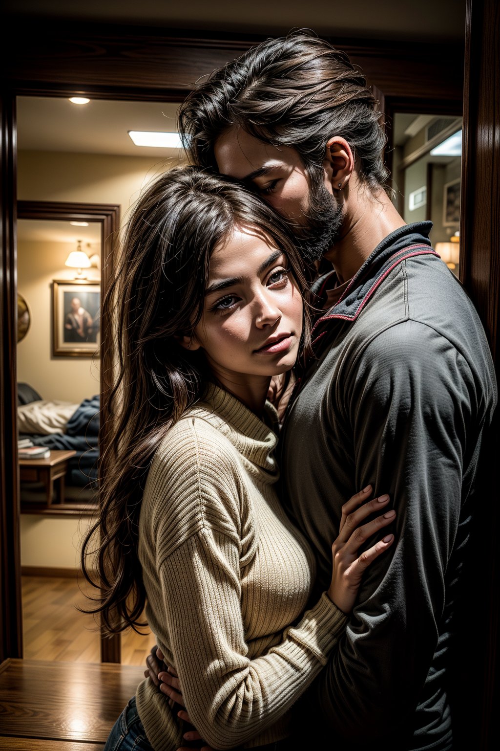 A tender moment captured in a front-facing shot. A man's arms wrap around a woman's torso from behind, his face leaning into her shoulder as he holds her close. Her eyes meet the viewer's, filled with warmth and affection. The soft focus of their bodies creates a sense of intimacy, while the clarity of their faces invites us to share in this loving moment.,photorealistic