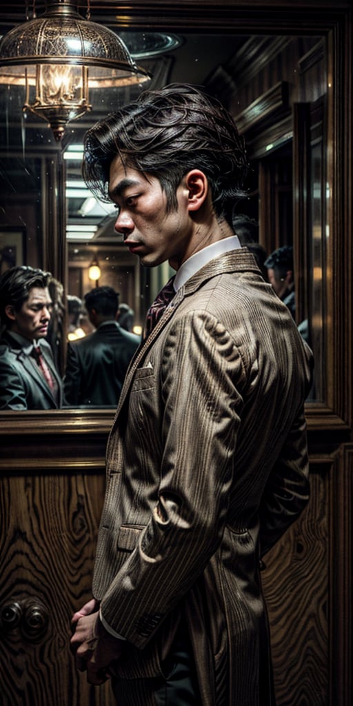 asian man in a suit and tie posing for a picture, short wavy hair, dark suit jacket, light-colored dress shirt, standing pose, looking slightly to the side, smooth skin, indoor environment, dark background with focused lighting, dramatic shadows, formal atmosphere, close-up shot, front view, deep depth of field, well-balanced exposure, no motion blur., cinematic headshot portrait, mid shot portrait, masahiro ito, well lit professional photo,dimly lit environment.