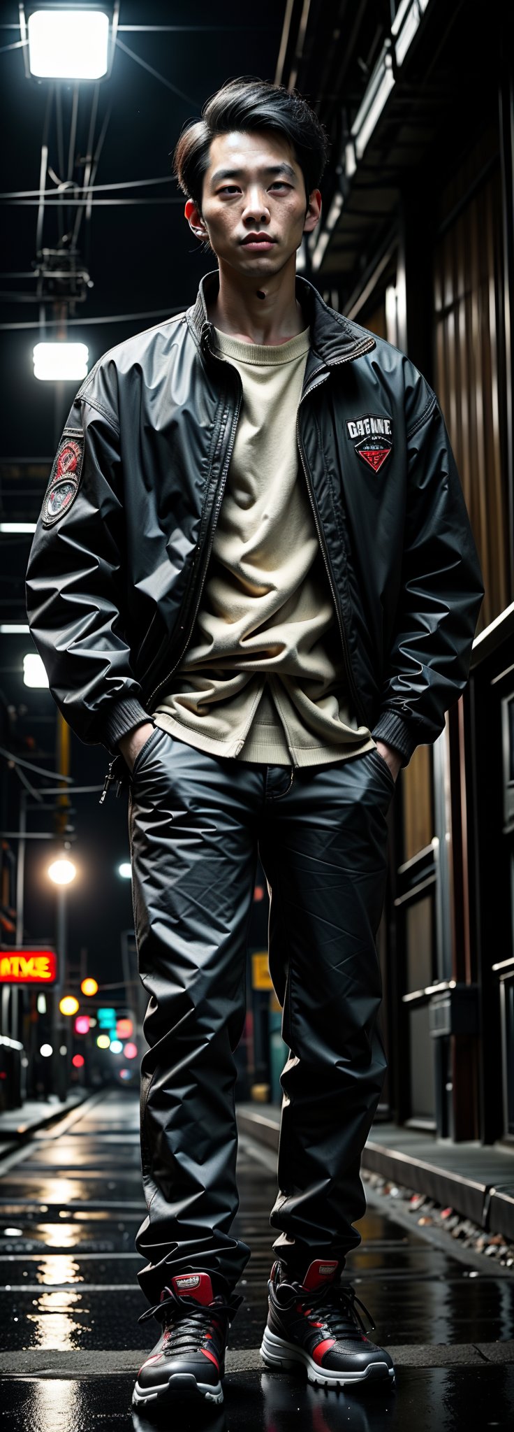  asian man in a black jacket standing in a dark city, digital art inspired by roger deakins, unsplash, digital art, cinematic full body shot, moody cinematic lighting, cinematic outfit photo, cinematic moody lighting, gloomy cinematic lighting, cinematic contrasted lighting, cinematic dark lighting, standing in a city street, cinematic front shot, cinematic gritty lighting