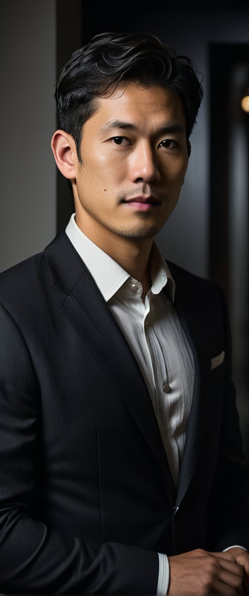 asian man in a suit and tie posing for a picture, short wavy hair, dark suit jacket, light-colored dress shirt, standing pose, looking slightly to the side, smooth skin, indoor environment, dark background with focused lighting, dramatic shadows, formal atmosphere, close-up shot, front view, deep depth of field, well-balanced exposure, no motion blur., cinematic headshot portrait, mid shot portrait, masahiro ito, well lit professional photo,dimly lit environment.