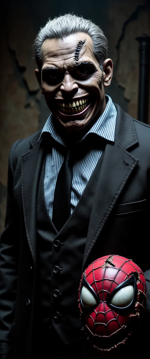 "A haunting image of a classic villain, Tombstone from the Spider-Man universe. A muscullar middle-aged man, dressed in a black suit, black tie, and blue striped collared shirt, exudes menace. His square face, stone-colored skin, pug nose, and wide mouth with pointy teeth convey a sense of cold calculation. Silver-hued hair, styled like Ivan Drago's, adds an air of sophistication to his rugged features. He holds a ripped Spider-Man mask in his hand, symbolizing the destruction he seeks to inflict upon the web-slinger. The framing captures Tombstone's imposing presence, with the black suit and tie creating a dramatic silhouette against a dark background. Lighting is low-key, highlighting the villain's intense gaze and emphasizing the torn mask as a potent symbol of chaos."