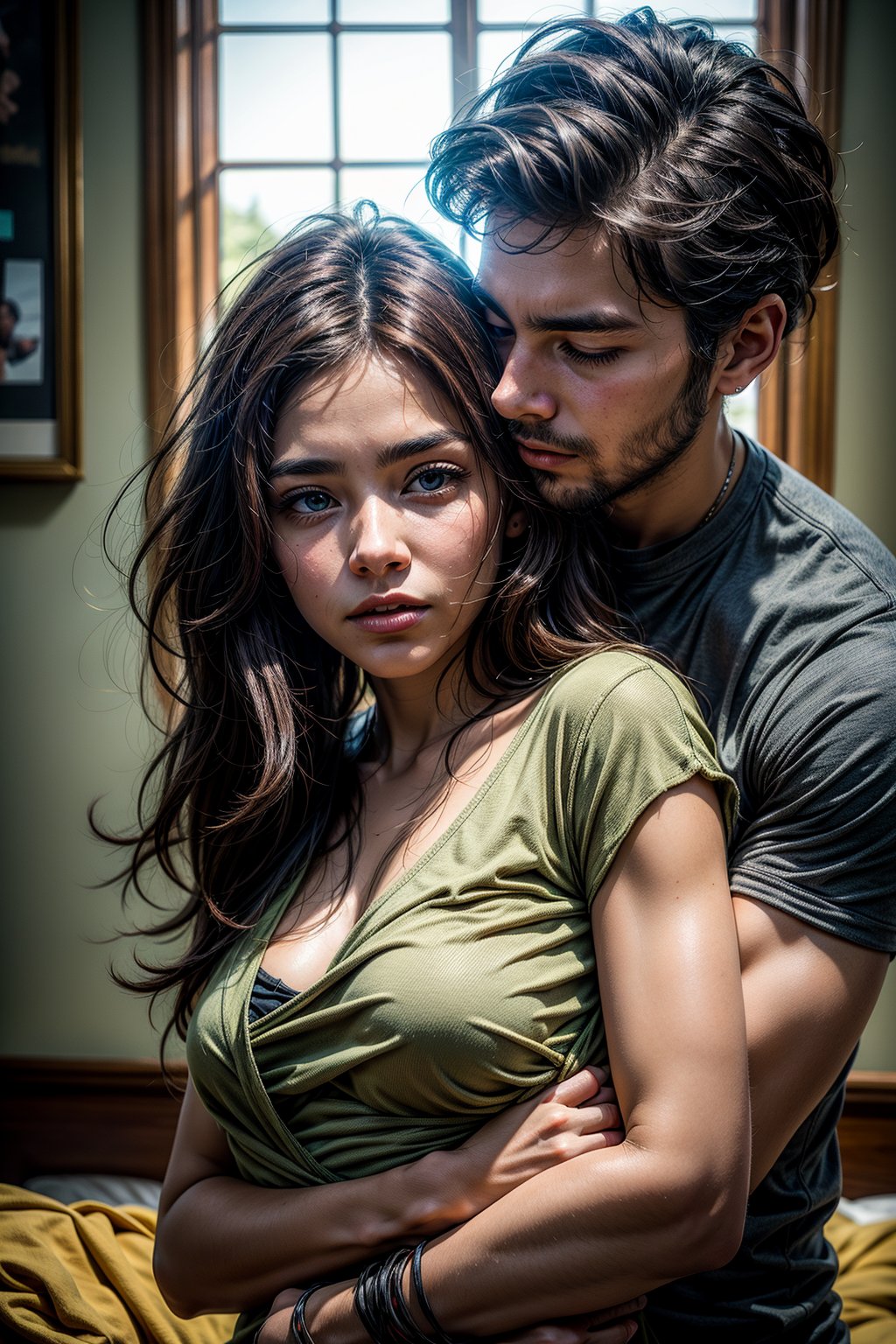 A tender moment captured in a front-facing shot. A man's arms wrap around a woman's torso from behind, his face leaning into her shoulder as he holds her close. Her eyes meet the viewer's, filled with warmth and affection. The soft focus of their bodies creates a sense of intimacy, while the clarity of their faces invites us to share in this loving moment.,photorealistic