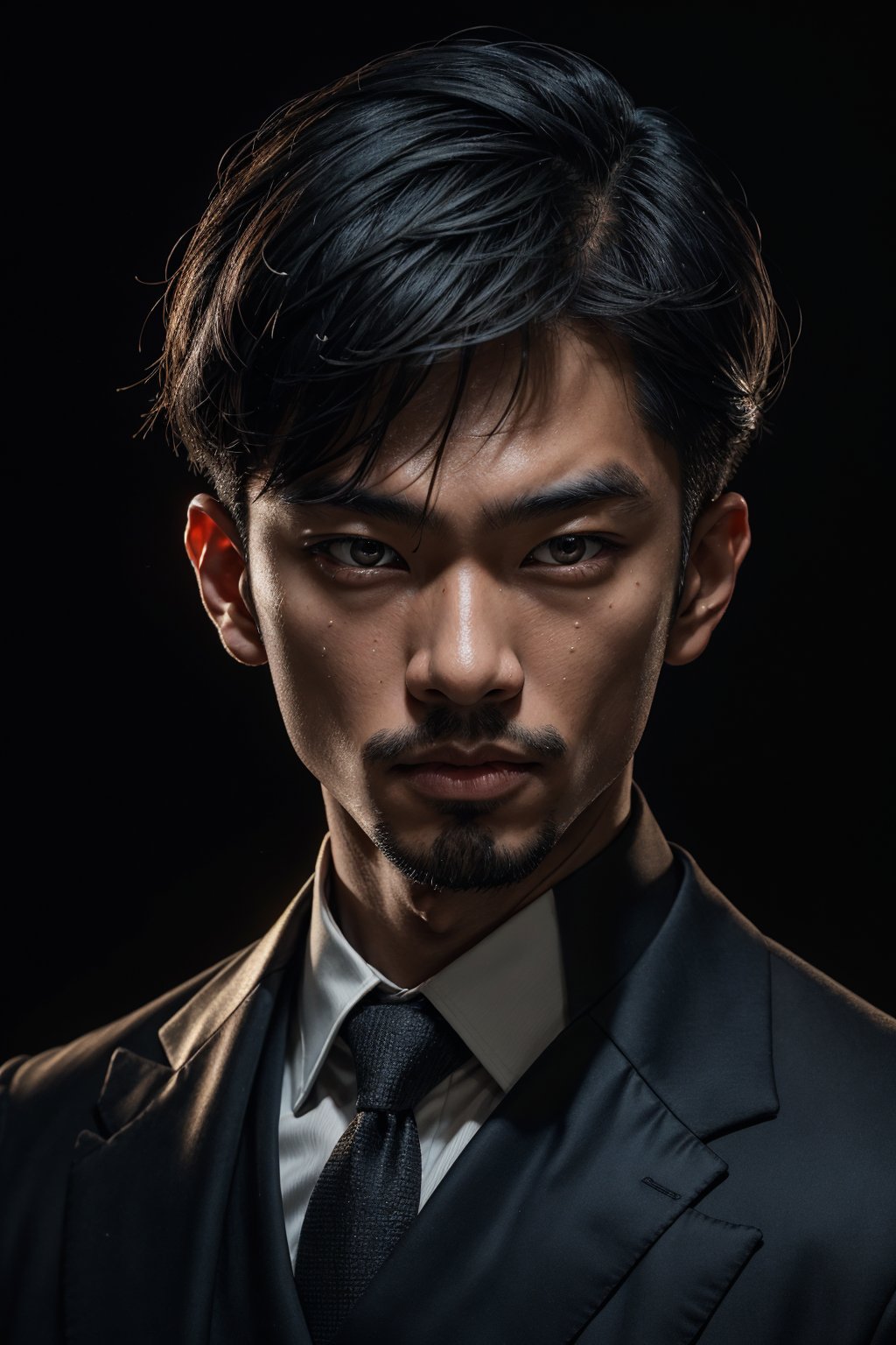 A mid-shot illustration of an Asian man's face, featuring short hair and a gaze slightly lifted as if observing something above. The camera captures the subtle sheen on his oily skin, which glistens in the dimly lit environment with key lighting. He wears a black suit against a simple background, framed straight-on, showcasing his middle-cut hairstyle.