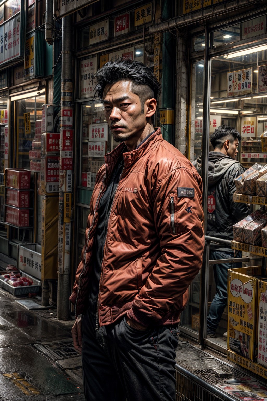 1man,((male)), ((front view)),((eyes on viewer)), man standing in the middle of a store wear jacket,((fit body)), a picture by Ni Yuanlu, pexels contest winner, photorealism, still from a live action movie, in style of kar wai wong, a still of kowloon, movie still 8 k, japanese live-action movie, cinematic. by leng jun, 8 k movie still,TR mecha style,sunplaza, shop, realistic