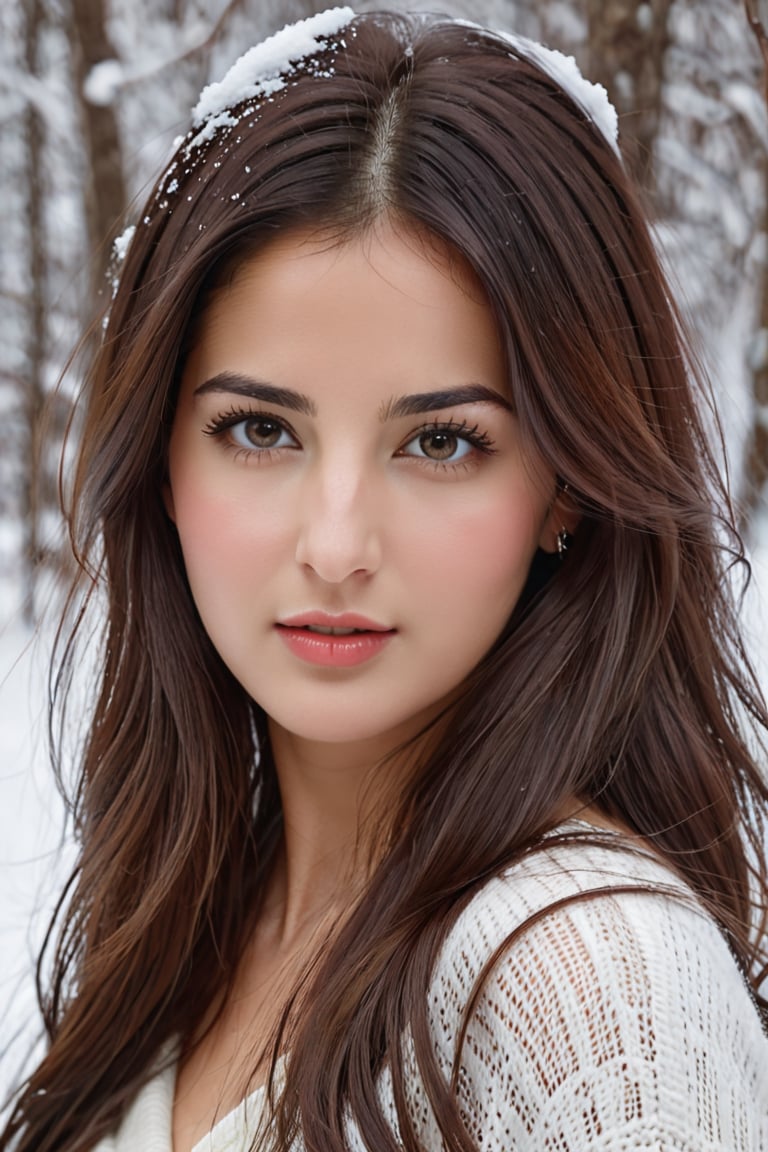 There a woman isma young beautiful Russian girl , face features like Katrina Kaif, Standing looking into the camera, portrait causal photo,. Realism,Realism,Portrait
,Raw photo, snowbunnies,Extremely Realistic, 