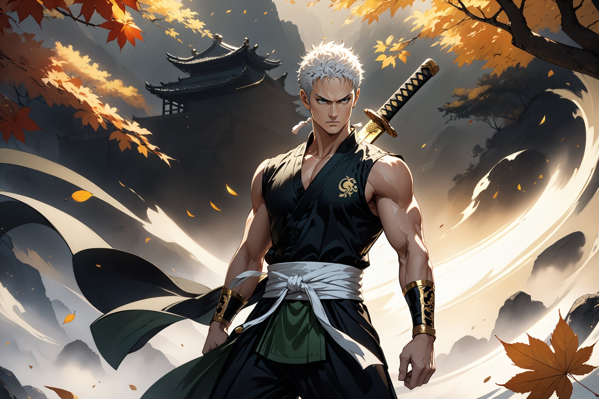 masterpiece, beautiful and aesthetic, ultra detail, intricate, 1male, solo, representation of the legendary martial artist, Roronoa Zoro features, detailed character design, serious expression, (white hair), exquisite body, strong abdominal muscles, (golden armlet:1.2), (black half gloves), black martial arts belt, (black Hanfu, sleeveless), black lace-up ankle brace, (he wields a single golden broadsword, unique and finely detailed), (from side:1.5), dynamic pose, he stands tall and resolute, exuding an air of strength and unwavering determination. Chinese martial arts animation style, autumn leaves fluttering around, Inspired by Chinese mythology story