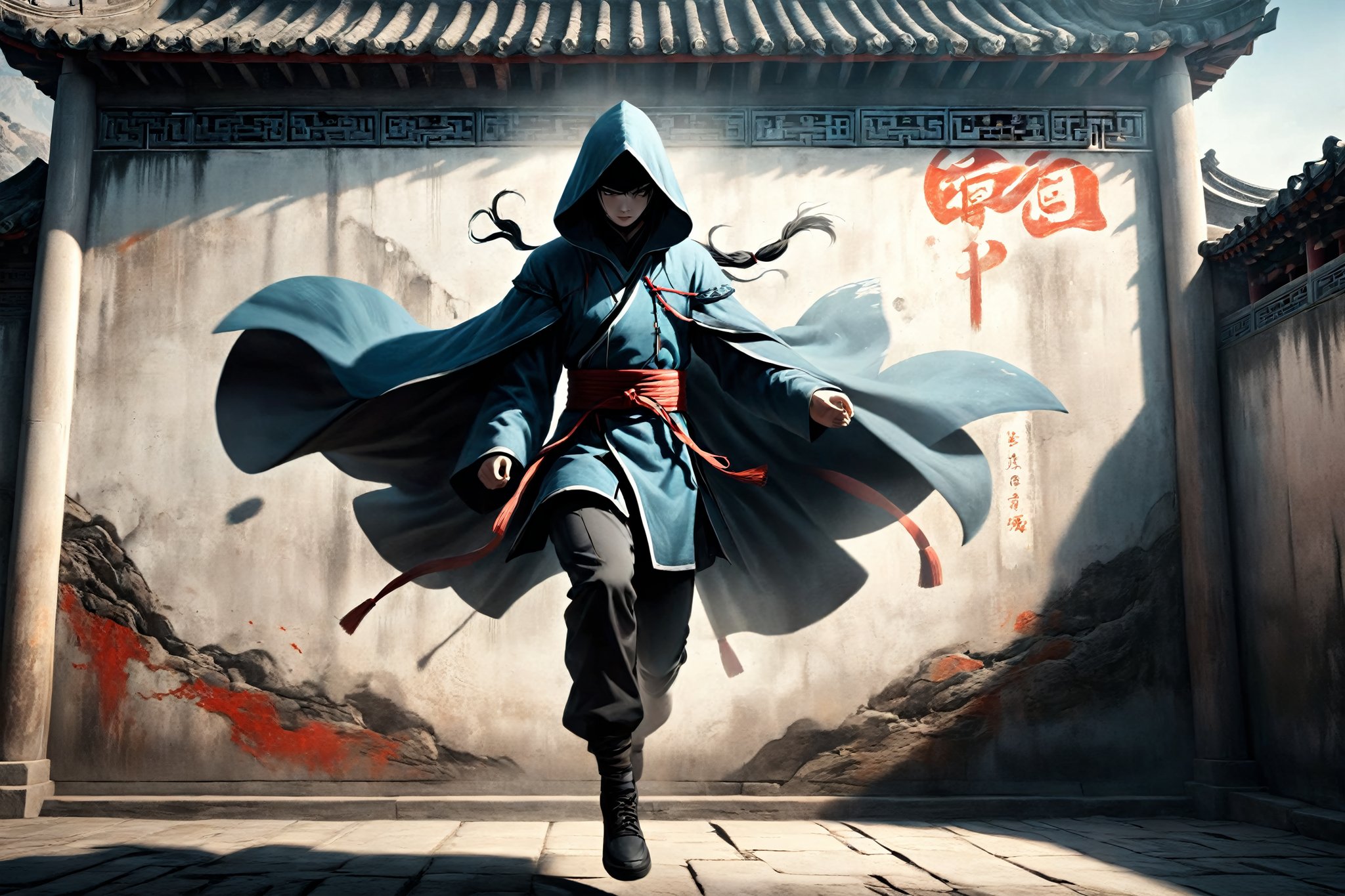 DonM5h4d0w5XL, masterpiece, extreme quality, ultra detailed, intricate, UHD, HDR, Chinese martial arts animation style, dramatic with an air of mystery and intrigue, shadow on a ancient China wall, a hooded cloak, dynamic pose, (jump up:1.5), split-second freeze-frame, from side, outdoors, ancient China street, mysterious colorful background, 