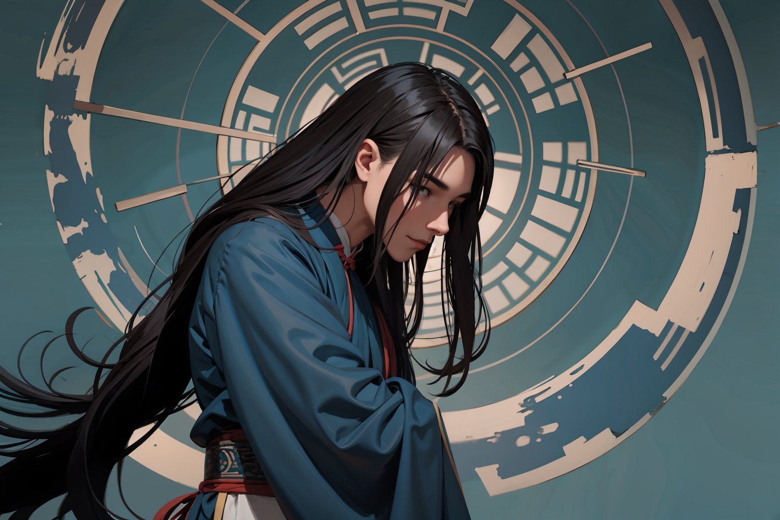 Masterpiece, best quality, detailed character design, UHD, solo, 1male, 25 years old, head bowing down, wry smile, handsome, long eyes and blue, long hair and blue, tall, (accurate body and hand anatomy),  Han Chinese Clothing and light blue, flowing robe, from side, dynamic pose, vibrant, inspired by Chinese mythology, ancient China style,