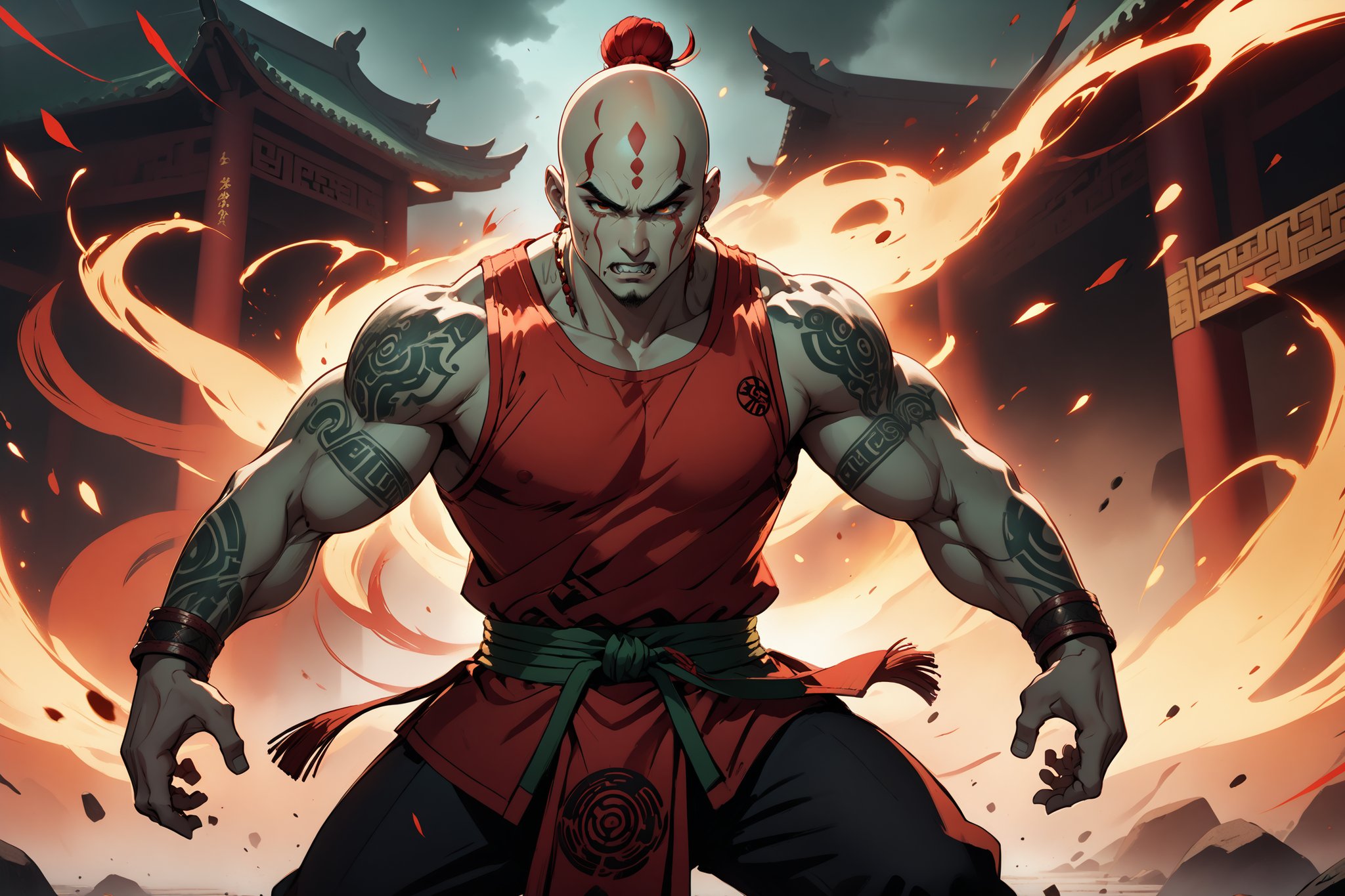 masterpiece, beautiful and aesthetic, ultra detail, intricate, 1male, solo, Berserker, Chinese mythology story, broad cheeks, (face burn scar), fierce expression, Buck-toothed, (thick eyebrows, red eyebrows), big eyes, aquiline nose, (bald, a red bun), (light green skin), (arm tattoo, tribal tattoo), giant, developed muscles, thick legs, barefoot, (red tank top), bracer, black pants, anklet, from side, dynamic pose, powerful pose, the battle stance, Chinese martial arts animation style, sparks, battlefield scene