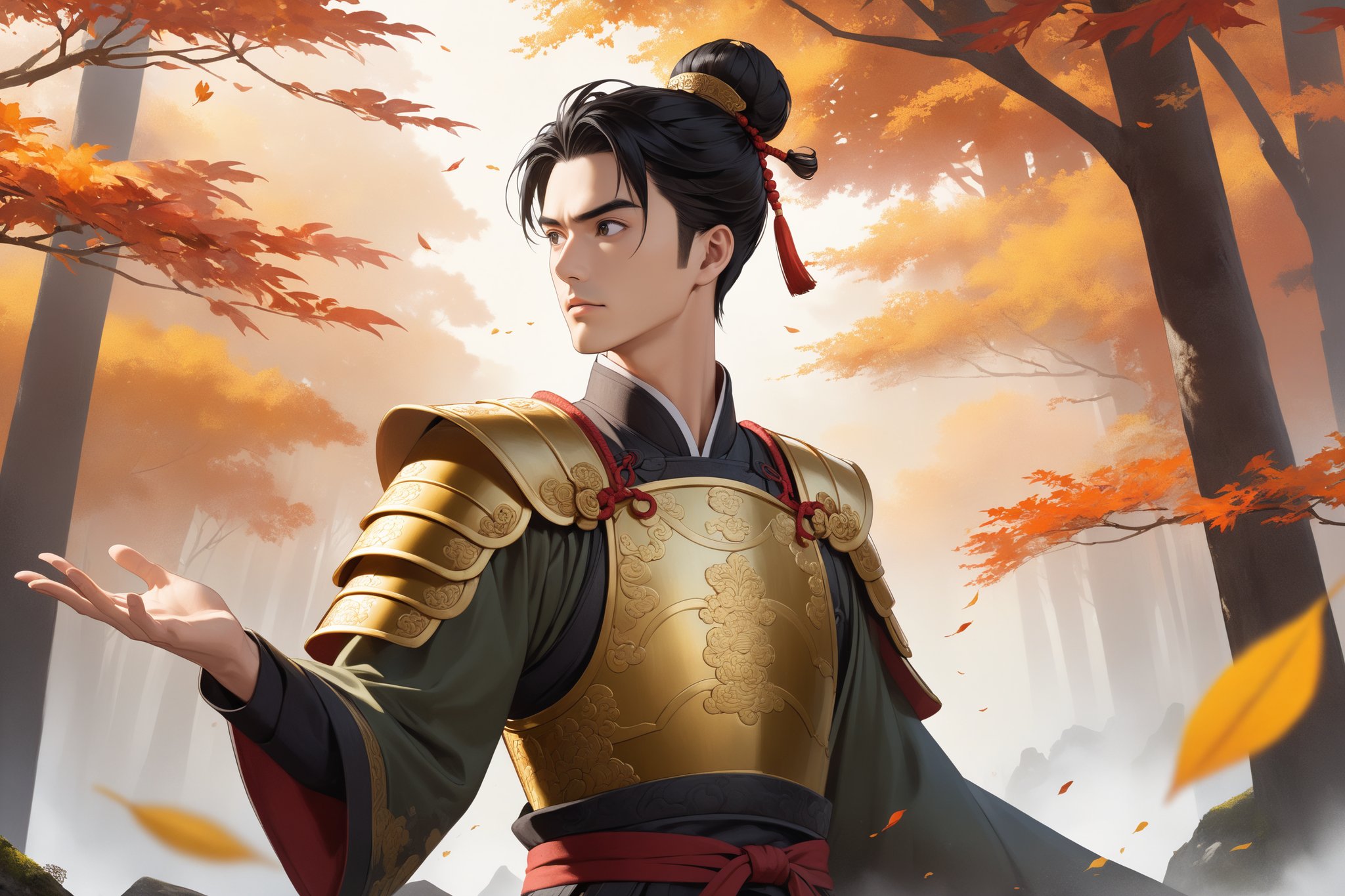 masterpiece, beautiful and aesthetic, ultra detail, intricate, solo, 1male, 25 years old, detailed character design, manly, (puzzled expression:1.2), bushy eyebrows, wide eyes, wide jaw, (black hair, a single hair bun), tall and lean, (ancient Chinese armor, golden), (from side:1.2), (spread hands:1.2), forests, mists, autumn leaves fluttering around