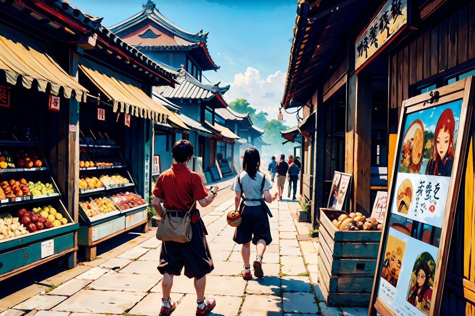 Chinese mythology story, a market gathers a lot of people, there are many vendors, and many tourists pass through, Chinese martial arts animation style, boichi manga style