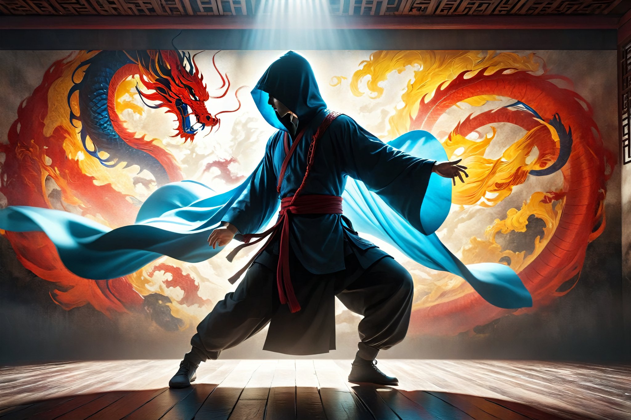 DonM5h4d0w5XL, masterpiece, extreme quality, ultra detailed, intricate, UHD, HDR, Chinese martial arts animation style, dramatic with an air of mystery and intrigue, solo, a hooded cloak shadow on a wall, dynamic pose, vibrant, action-packed, from side, mysterious colorful background, 