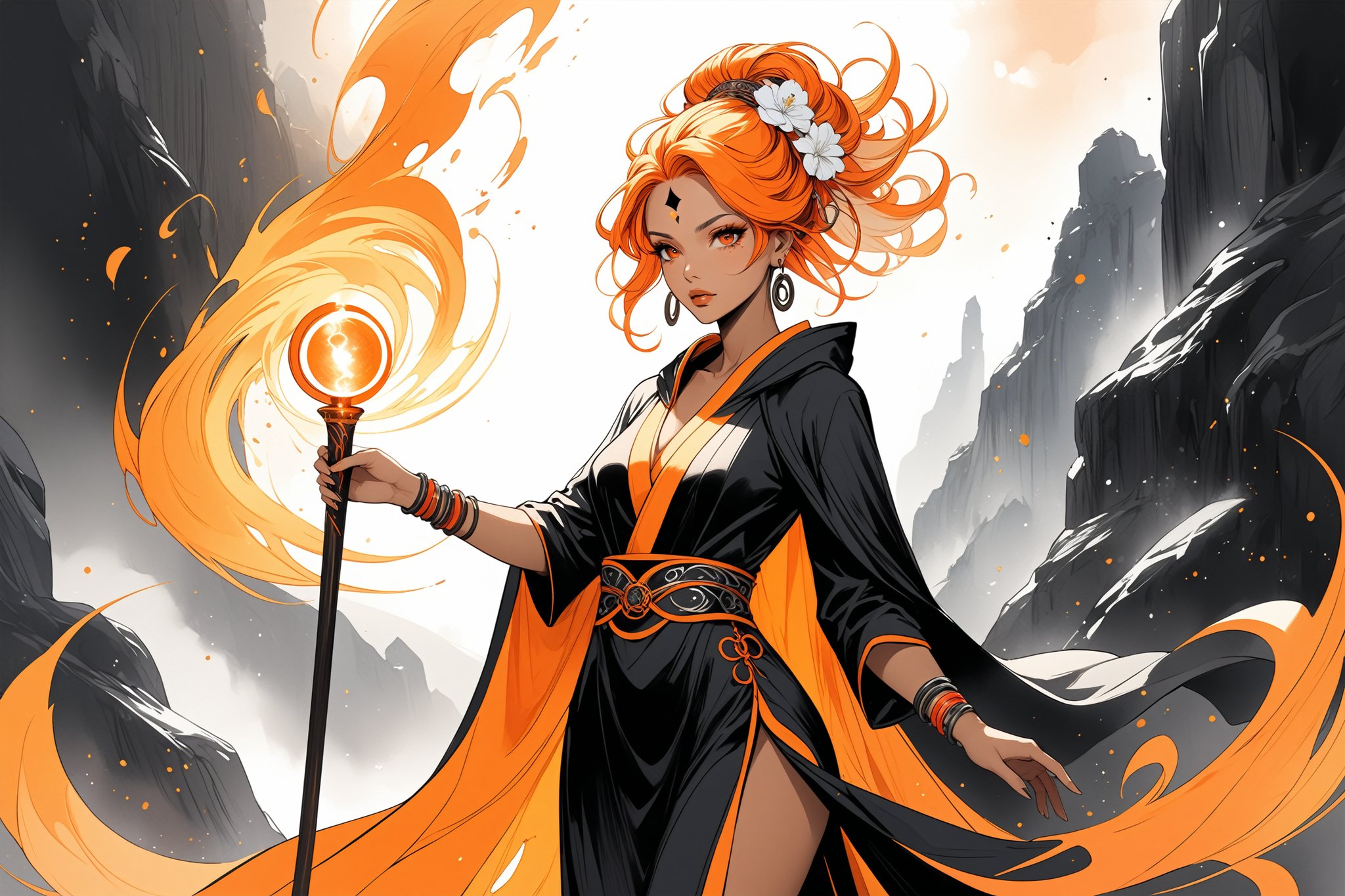 masterpiece, beautiful and aesthetic, ultra detail, intricate, 1female, 40 years old, detailed character design, sorceress, mysterious, a red mole on forehead, orange eyes, hoop earrings, (medium hair, updo, Split-color Hair, white Hair, Orange Hair), hair flower, bangle, short stature, tan skin, hooded cloak, (Taoist long robe, orange), cane, full body, dynamic pose, her hands crackling with arcane energy, standing on lava, smokey, mysterious colorful, magic effect, Sketch art, cross-hatching, colored pencil painting, limited palette, in heavenly palace