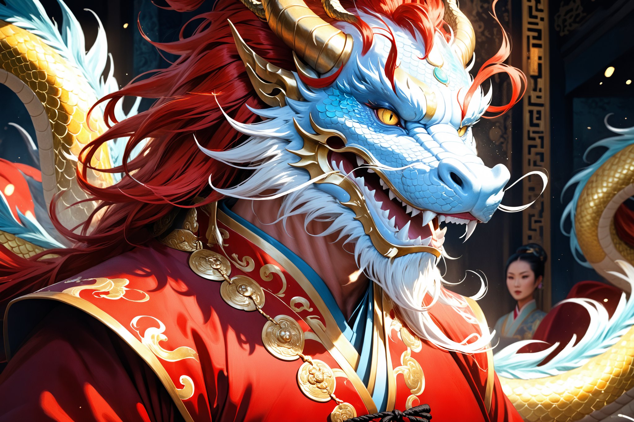 masterpiece, beautiful and aesthetic, ultra detail, intricate, 1man, solo, 55 years old, detailed character design, (Chinese dragon fetures, dragon eyes, dragon nose, dragon beard), blue face, glistening scales skin, domineer expression, (messy golden hair, red mane), (fatty:1.5), golden imperial robe, upper body, dynamic pose, Inspired by Chinese mythology story, dragon palace