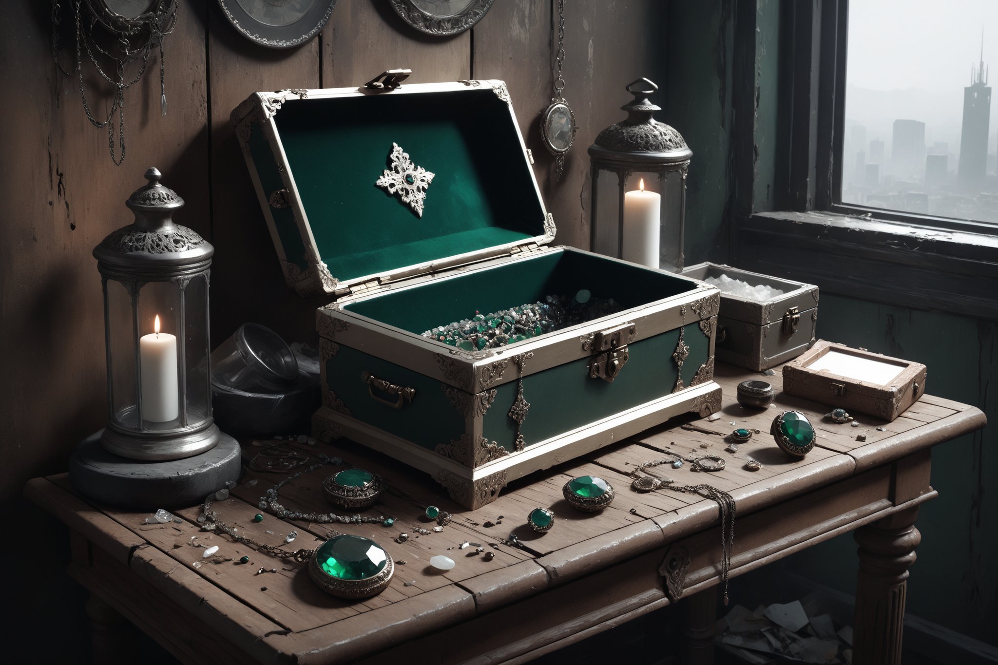 dystopian style {prompt} . bleak, post-apocalyptic, somber, dramatic, highly detailed, masterpiece, beautiful and aesthetic, ultra detail, intricate, (a delicate jewelry case, deep green), on a small antique wood table, indoors, trash and messy