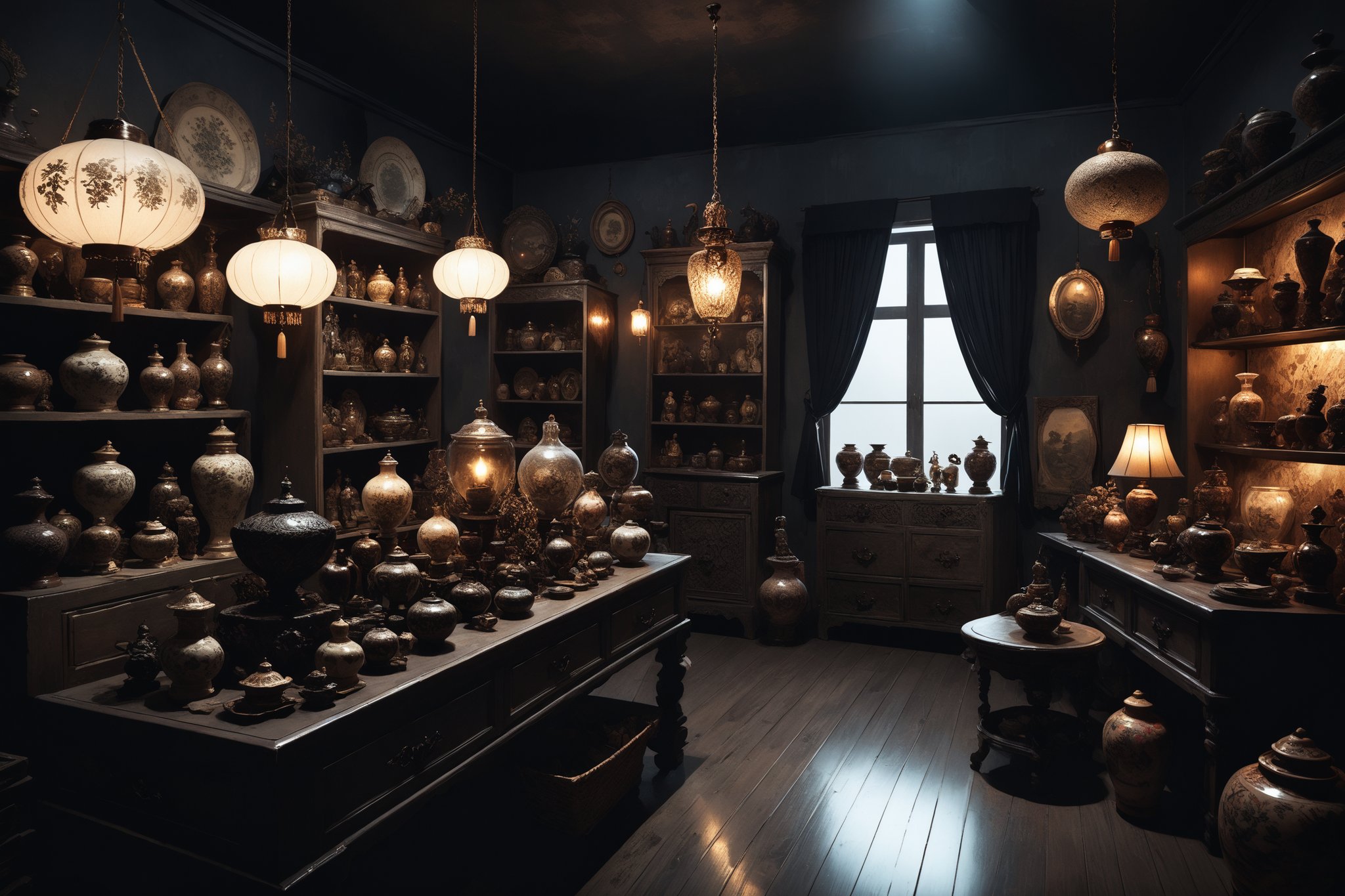 Dark Moody Atmosphere, {prompt}, dramatic, mysterious, dark moody atmosphere, masterpiece, beautiful and aesthetic, ultra detail, intricate, describing an Asian second-hand goods shop selling various second-hand goods, table decorations, figurines, and antiques, indoors