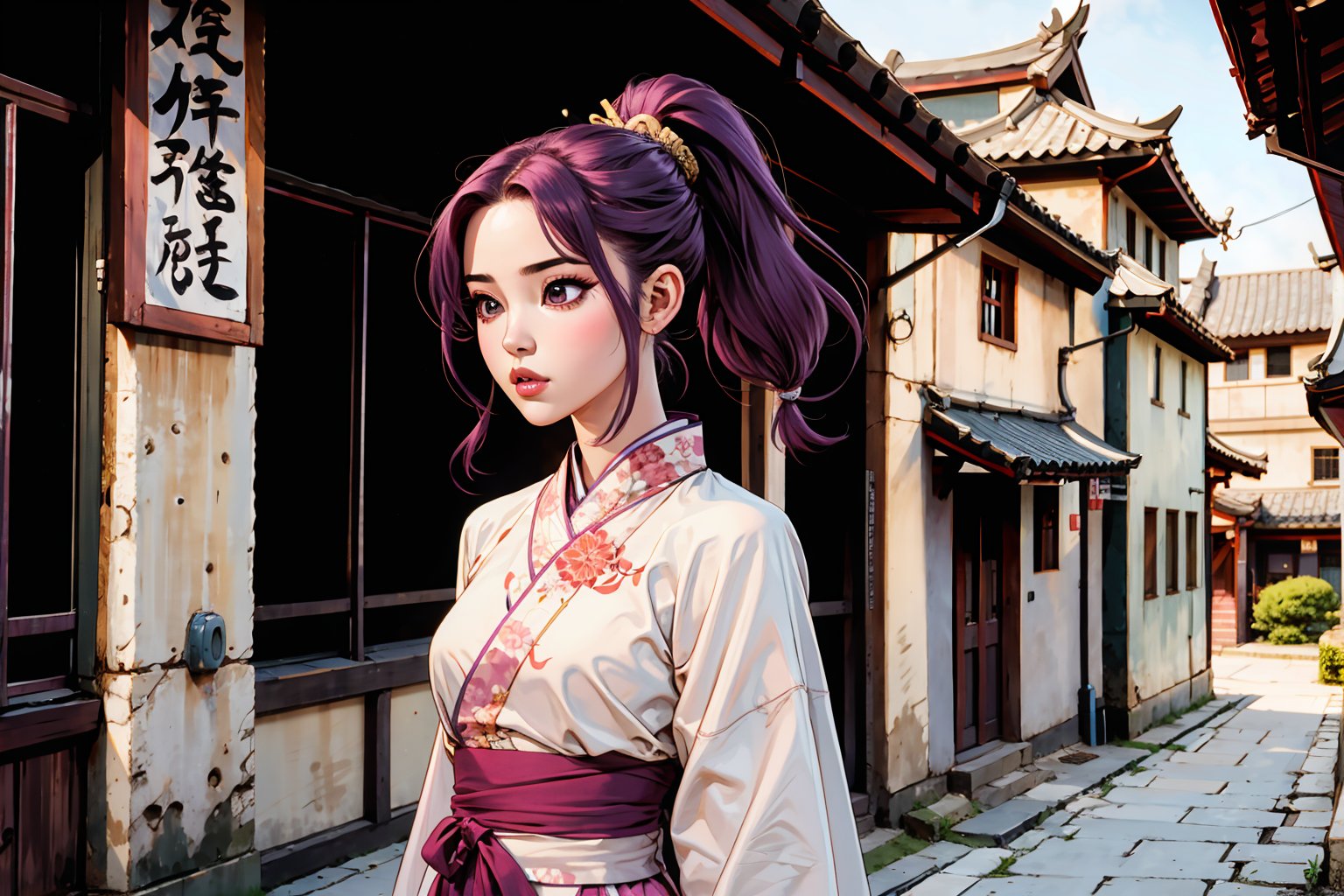 In Chinese mythology, solo, 1girl, big eyes, pink lips, pretty, long curly hair, purple hair, ponytail, tall and thin, hanfu, upper body, ancient street in the background, outdoors, ancient China style, boichi manga style