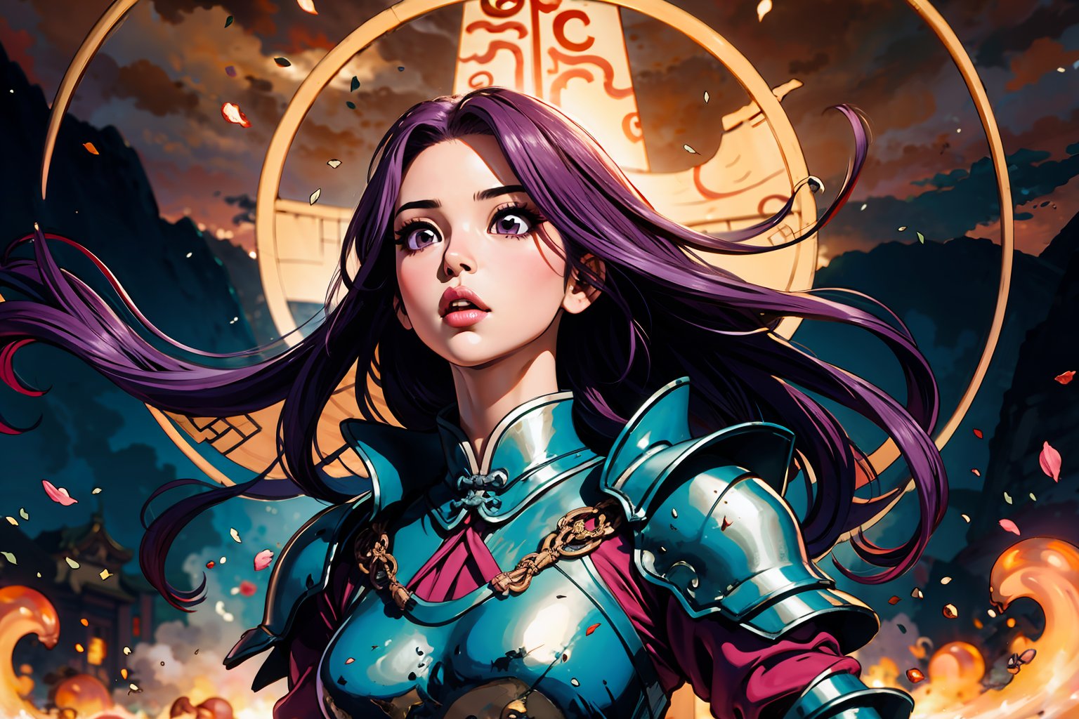 In Chinese mythology, solo, 1girl, big eyes, pink lips, pretty, long curly hair, purple hair, tall and thin, wearing Heaven Guard's armor, straight on, ancient China style, boichi manga style