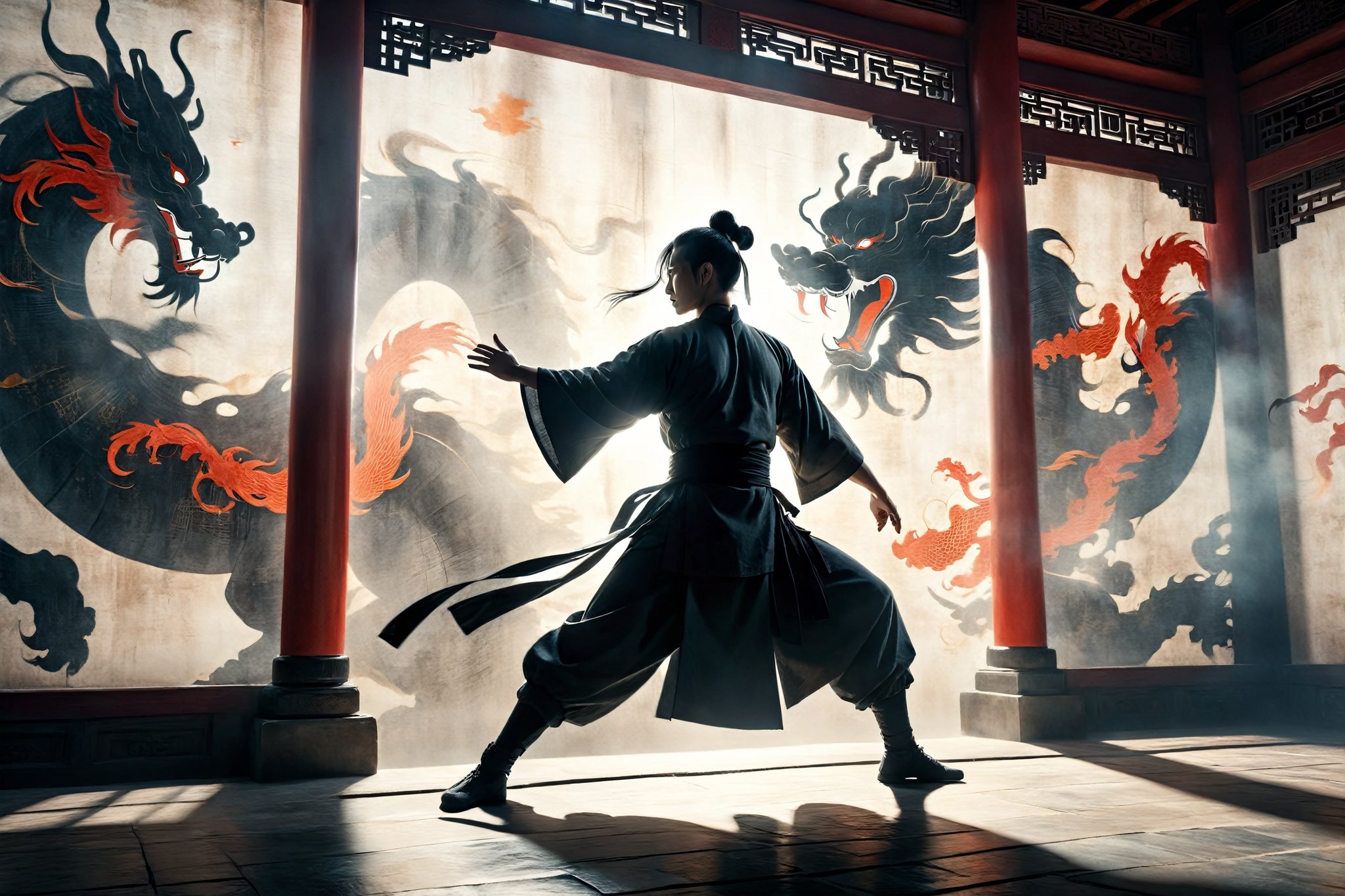 masterpiece, extreme quality, ultra detailed, intricate, UHD, HDR, Chinese martial arts animation style, dramatic with an air of mystery and intrigue, solo, a figure in a dark cloak, shadow on the wall of ancient China palace, outdoors, dynamic pose, vibrant, from side, shadow, DonM5h4d0w5XL