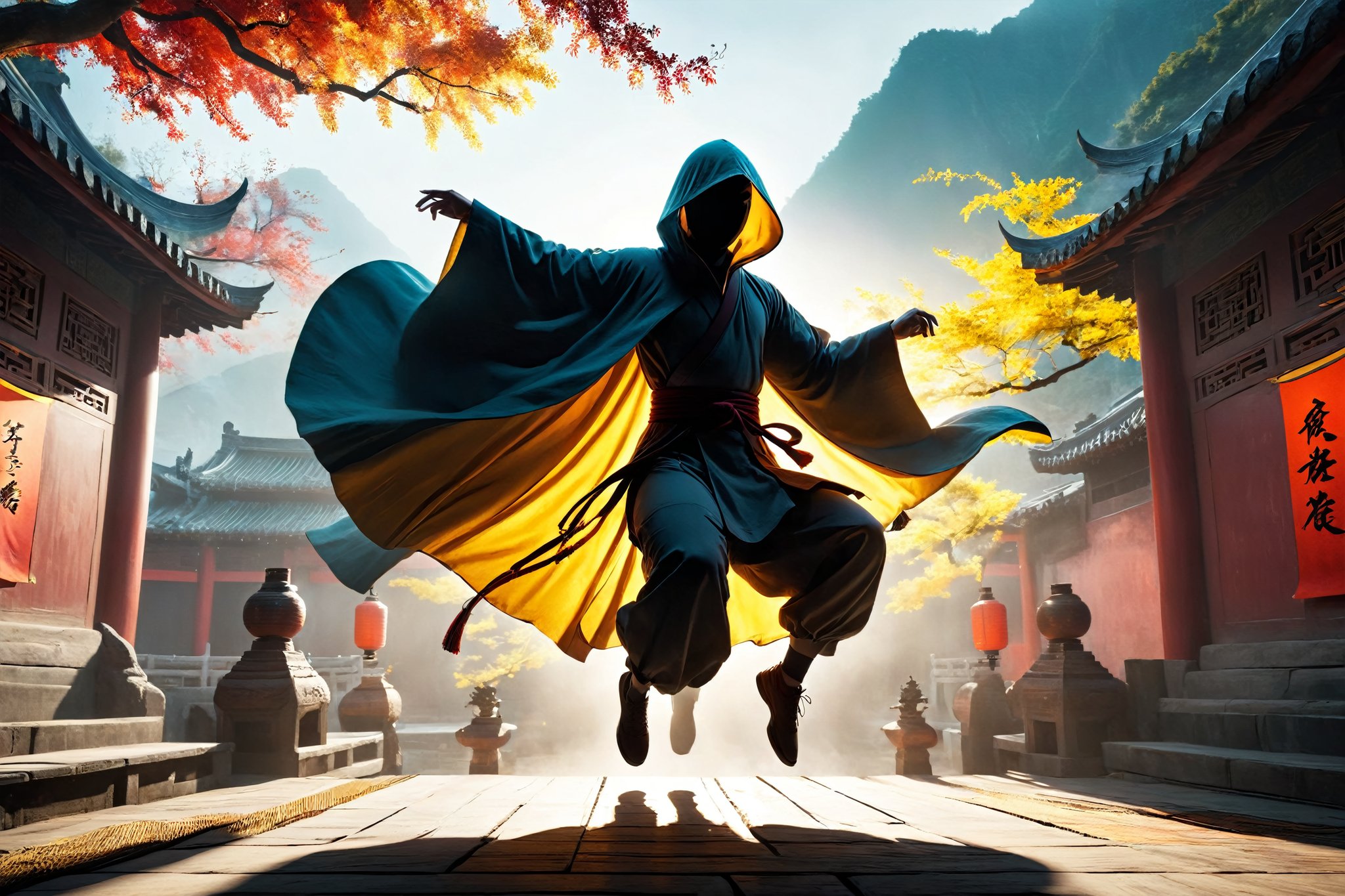 DonM5h4d0w5XL, masterpiece, extreme quality, ultra detailed, intricate, UHD, HDR, Chinese martial arts animation style, dramatic with an air of mystery and intrigue, a dark hooded cloak shadow, silhouette, dynamic pose, vibrant, action-packed, (jump up, fly in the air:1.5), outdoors, ancient China backyard, mysterious colorful background, (backlit:1.2)