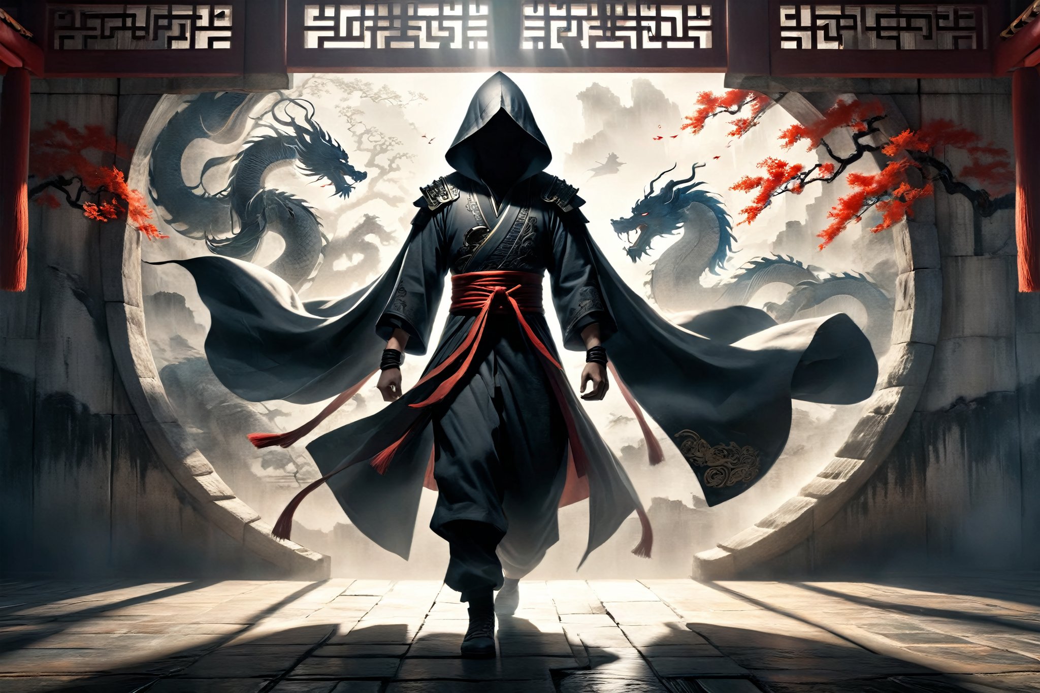 DonM5h4d0w5XL, masterpiece, extreme quality, ultra detailed, intricate, UHD, HDR, Chinese martial arts animation style, dramatic with an air of mystery and intrigue, shadow on a ancient China wall, a hooded cloak,