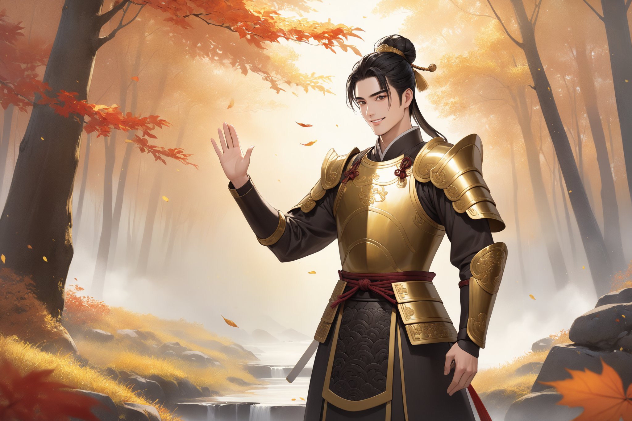 masterpiece, beautiful and aesthetic, ultra detail, intricate, solo, 1male, 25 years old, detailed character design, manly, light smile, bushy eyebrows, wide eyes, wide jaw, (black hair, a single hair bun), tall and lean, (ancient Chinese armor, golden), (farewell gesture), (waving), forests, mists, autumn leaves fluttering around