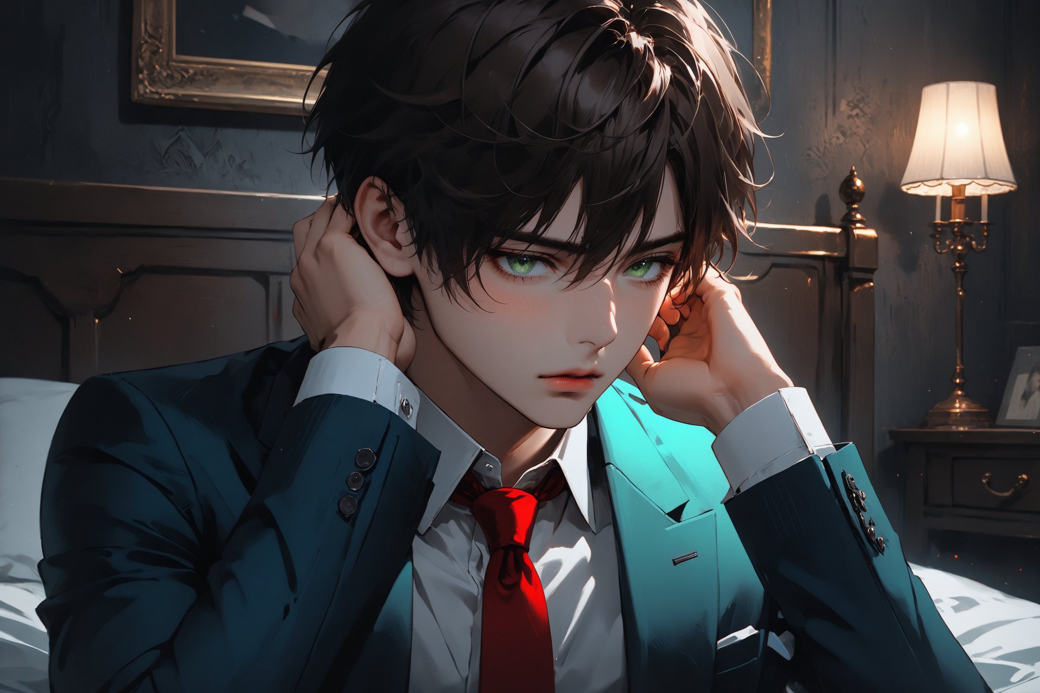 Dark Moody Atmosphere, {prompt}, dramatic, mysterious, dark moody atmosphere, masterpiece, beautiful and aesthetic, ultra detail, intricate, 1male, solo, 23 years old, detailed character design, delicate face, blush, eyes half closed, light green eyes, brown short hair, dark blue suit, white shirt, red tie, dynamic pose, (covering his ears with his hands, lowering his head), sitting on bed, in the bedroom