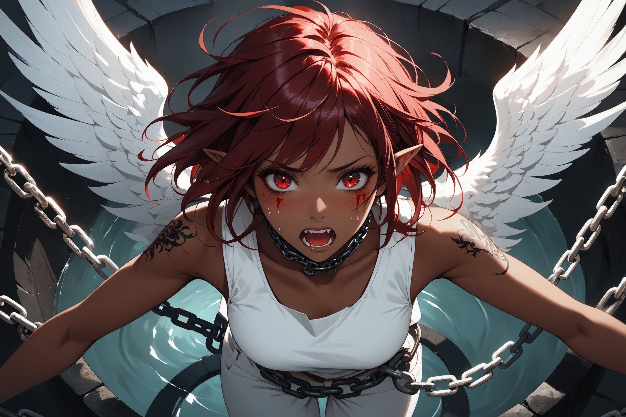 masterpiece, beautiful and aesthetic, ultra detail, intricate, Chinese mythology, solo, 1female, monster_girl, (fear, grief), short hair, dark red hair, (facial marks), fangs, (crying), (pointed ears), (dark skin), weak body, (number tattoo), (a single wing behind:1.5), white vest, long pants, (overhead shot:1.5), sharp focus, dynamic pose, ((shackles, chains)), dramatic lighting, (in the huge hole, dark hole), Inspired by Chinese mythology story