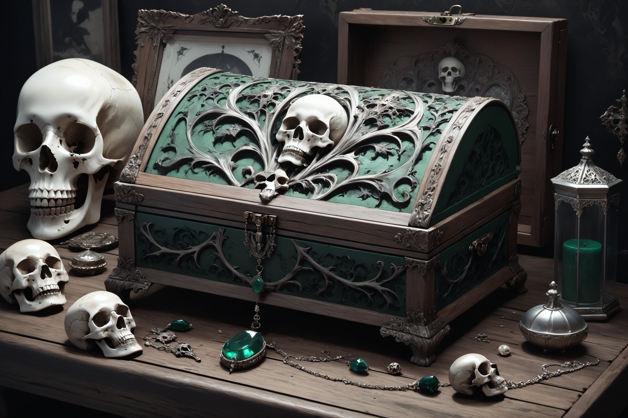 macabre style {prompt} . dark, gothic, grim, haunting, highly detailed, masterpiece, beautiful and aesthetic, ultra detail, intricate, (a delicate jewelry case, deep green), on a small antique wood table, indoors, trash and messy