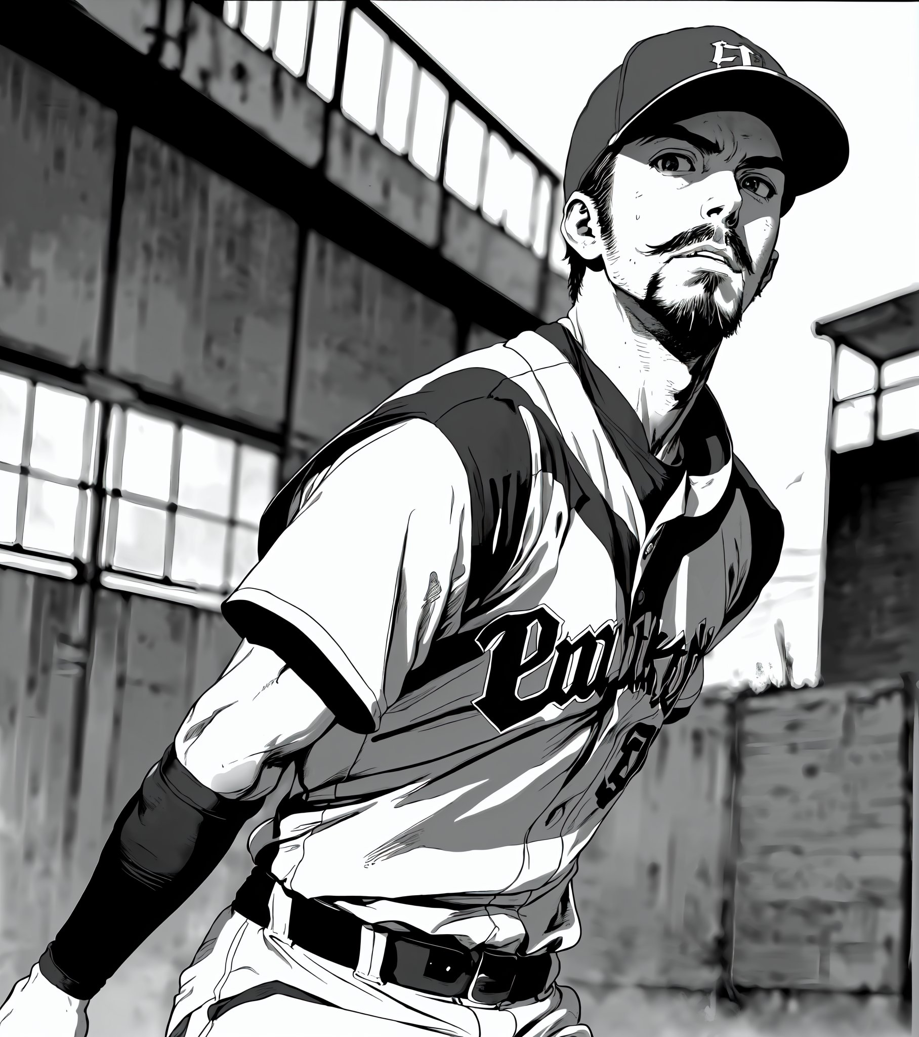 solo, 1boy, Japanese, short hair, shirt, hat, upper body, male focus, facial hair, baseball cap, beard, sportswear, realistic, baseball bat, baseball uniform, baseball mitt, Manga, FAP_ARTSTYLE_SanagiTorajirou_ownwaifu, boichi manga style, High detailed ,Color magic, Manga Landscape , comic, (manga panel:1.1) ,Grayscale