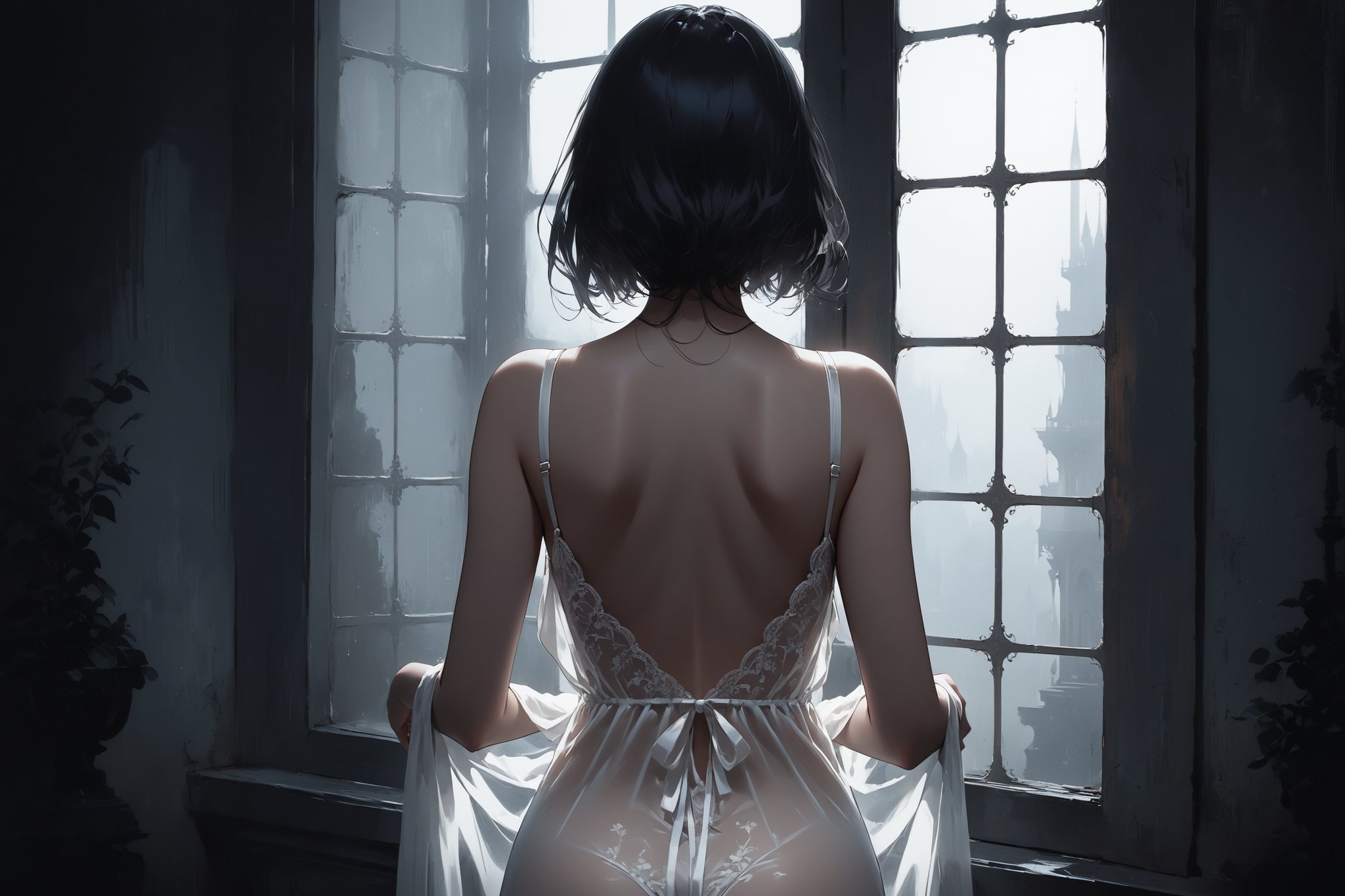 Dark Moody Atmosphere, {prompt}, dramatic, mysterious, dark moody atmosphere, masterpiece, beautiful and aesthetic, ultra detail, intricate, describes a window scene, the silhouette of a girl, pale, curvaceous, slender waist, perfect buttocks, white nightgown, translucent, (from back:1.5), (hands stretch:1.5)