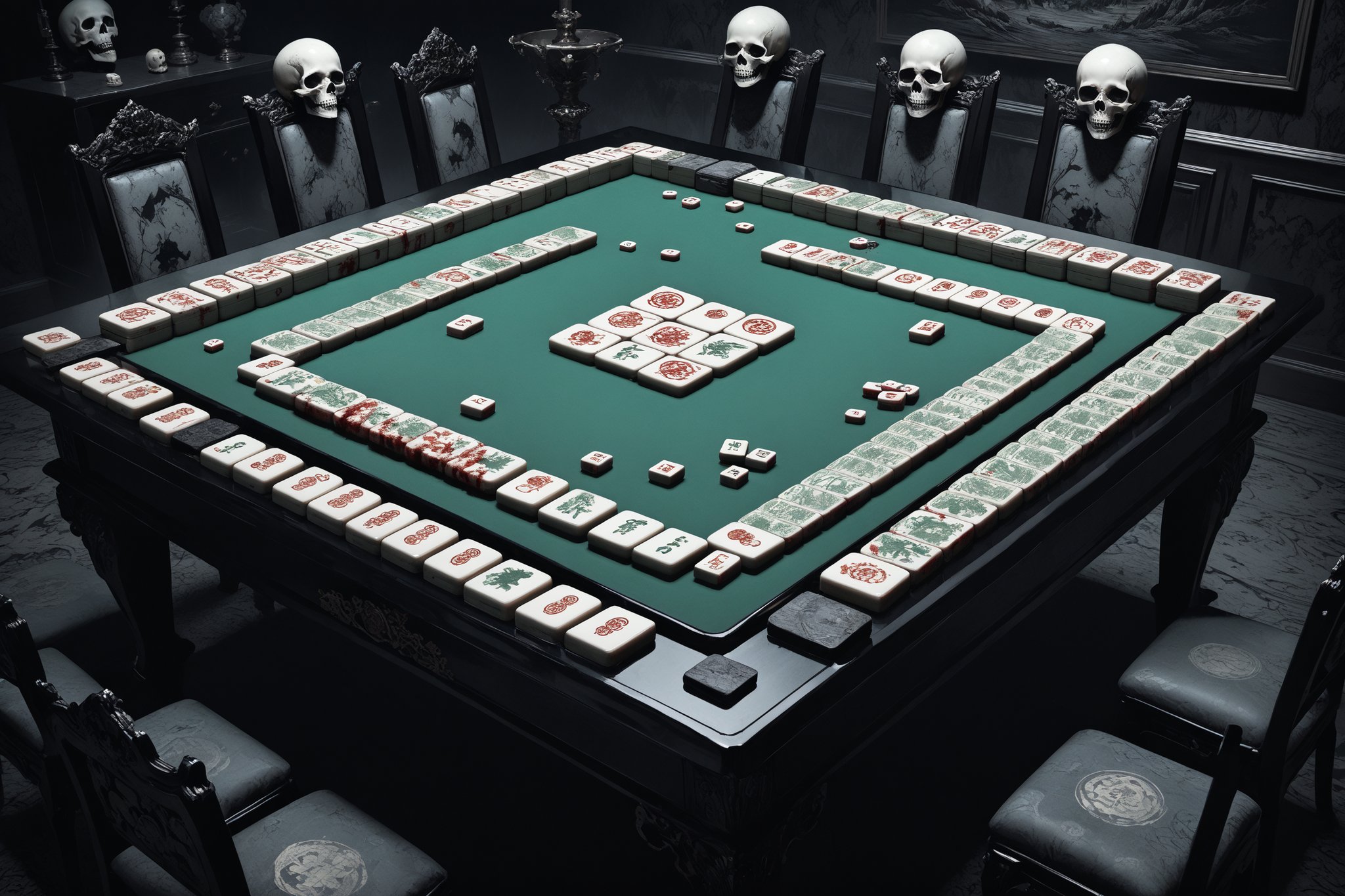 horror-themed {prompt} . eerie, unsettling, dark, spooky, suspenseful, grim, highly detailed, mysterious, surreal, highly detailed, masterpiece, beautiful and aesthetic, ultra detail, intricate, play mahjong, mahjong table