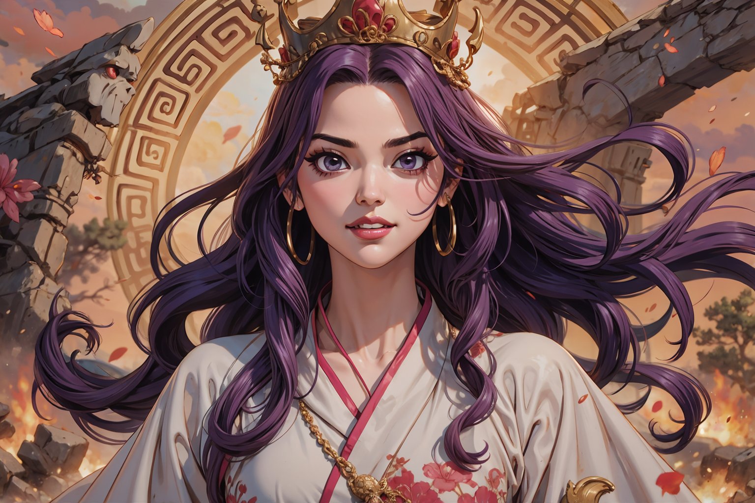 In Chinese mythology, solo, 1girl, divine, joy, sporting a rakish grinsporting a rakish grin, big eyes, pink lips, long curly hair, purple hair, tall and thin, aristocratic long robe, crown, a winner,  ancient China style, boichi manga style