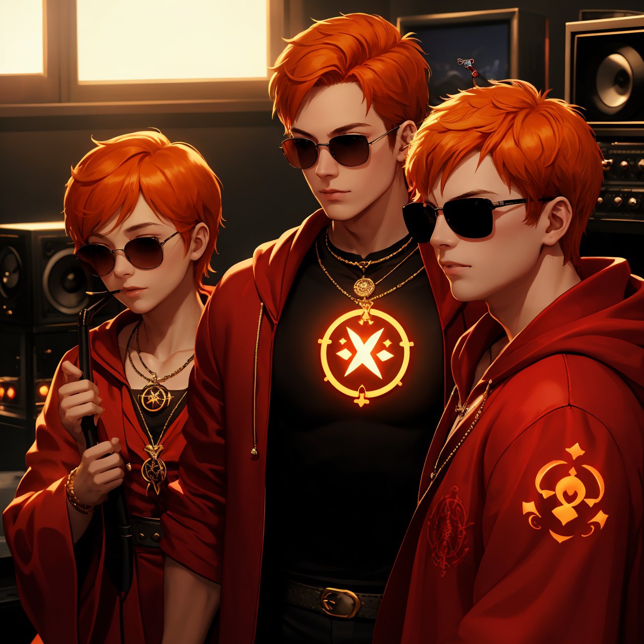 Solo, (1boy:1.5), (straight on:1.5), (upper body:1.5), short hair, orange hair, sunglasses, wroe a pair of headsets, red colored robe, cool, flame tattoos, flame pentagram necklace He was a radio DJ, playing music in a tiny radio studio, (exquisite details and texture, detailed face, anatomy correct, best quality, ultra detailed, photorealistic),